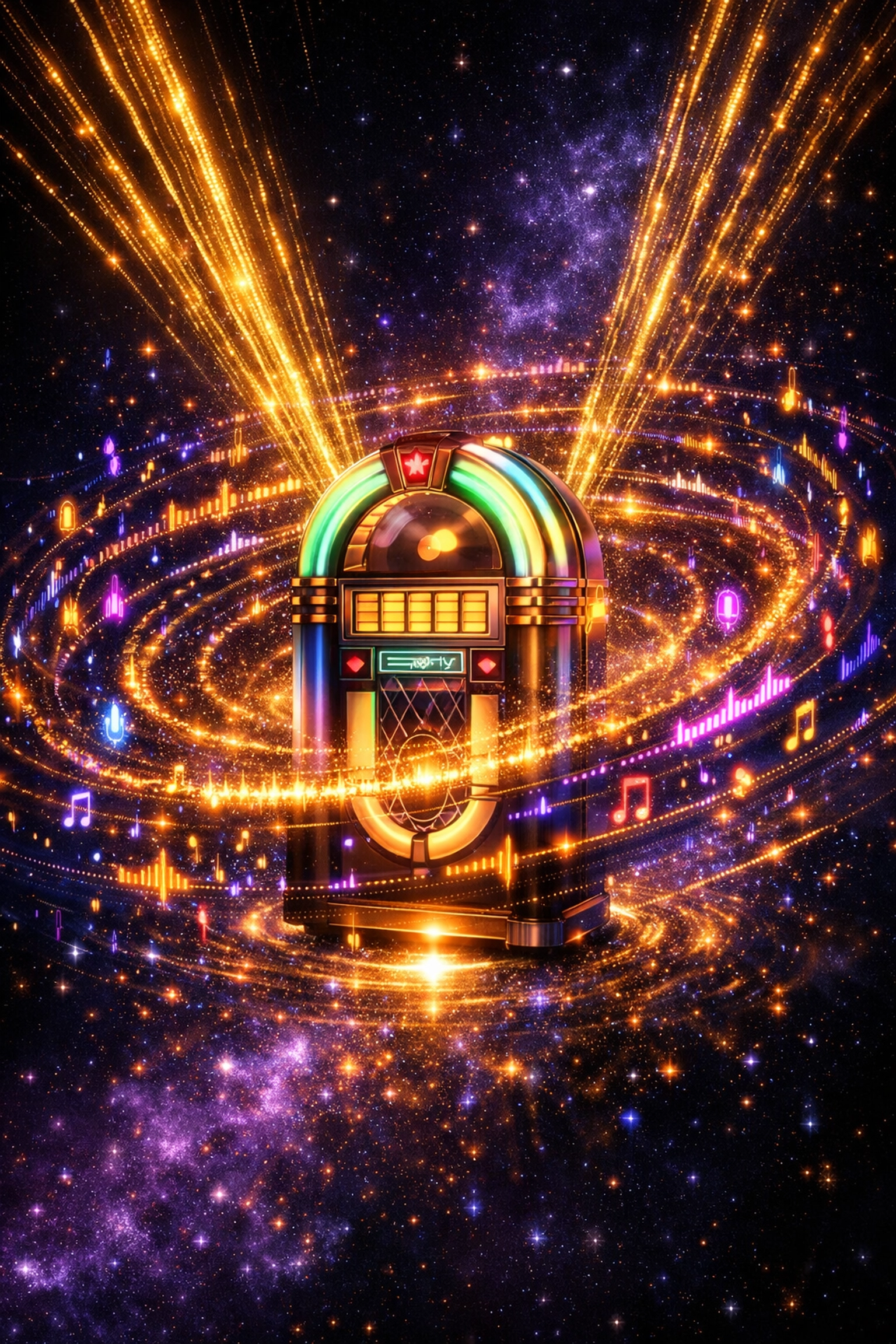 Glowing digital jukebox with music waves and data, symbolizing the future impact of Daniel Ek’s Spotify journey.