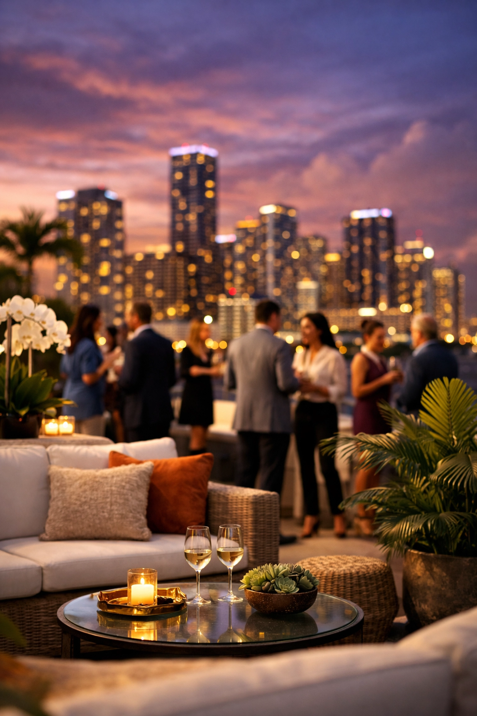 High-end corporate networking event on a luxury Miami rooftop overlooking the Brickell skyline.