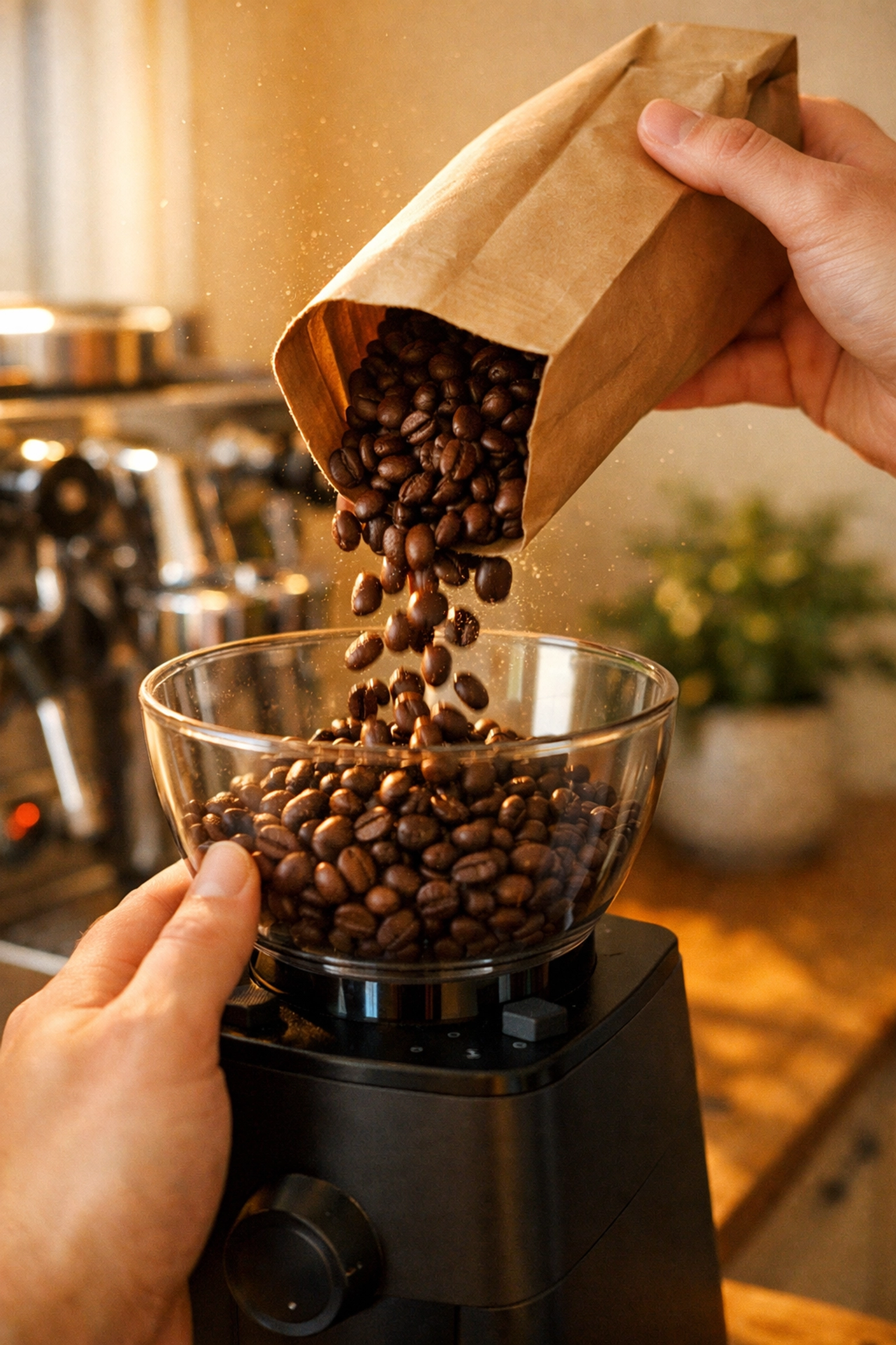Pouring freshly roasted specialty coffee beans into an espresso grinder hopper for home brewing.