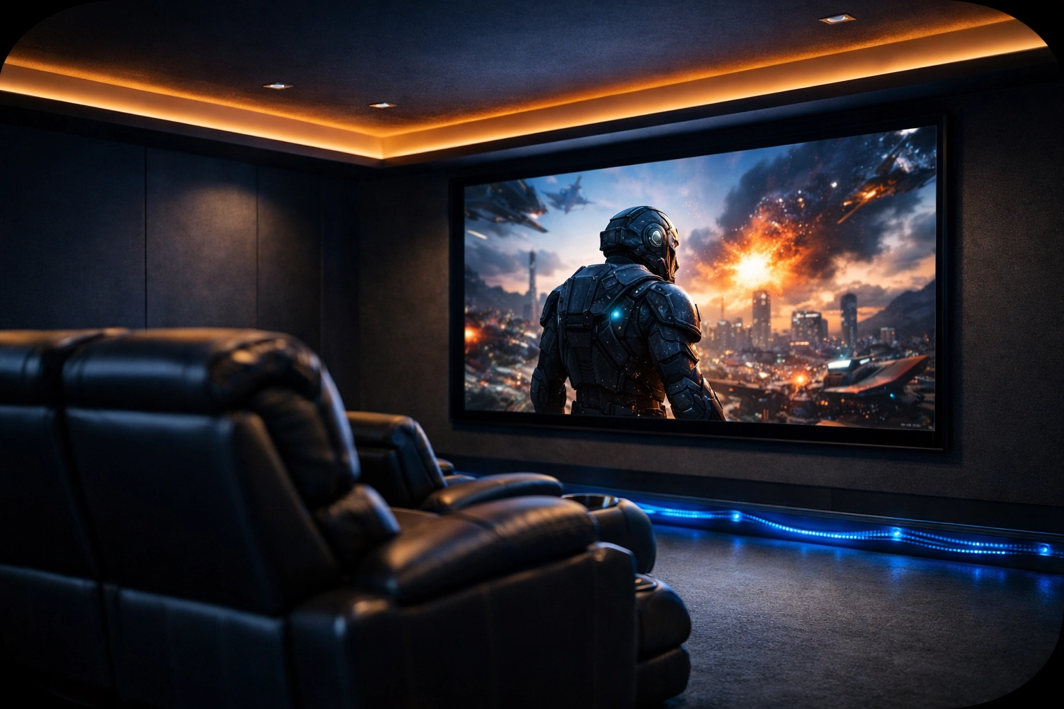 Modern home theater with 4K screen and ambient lighting symbolizing the network foundation for premium cinema.
