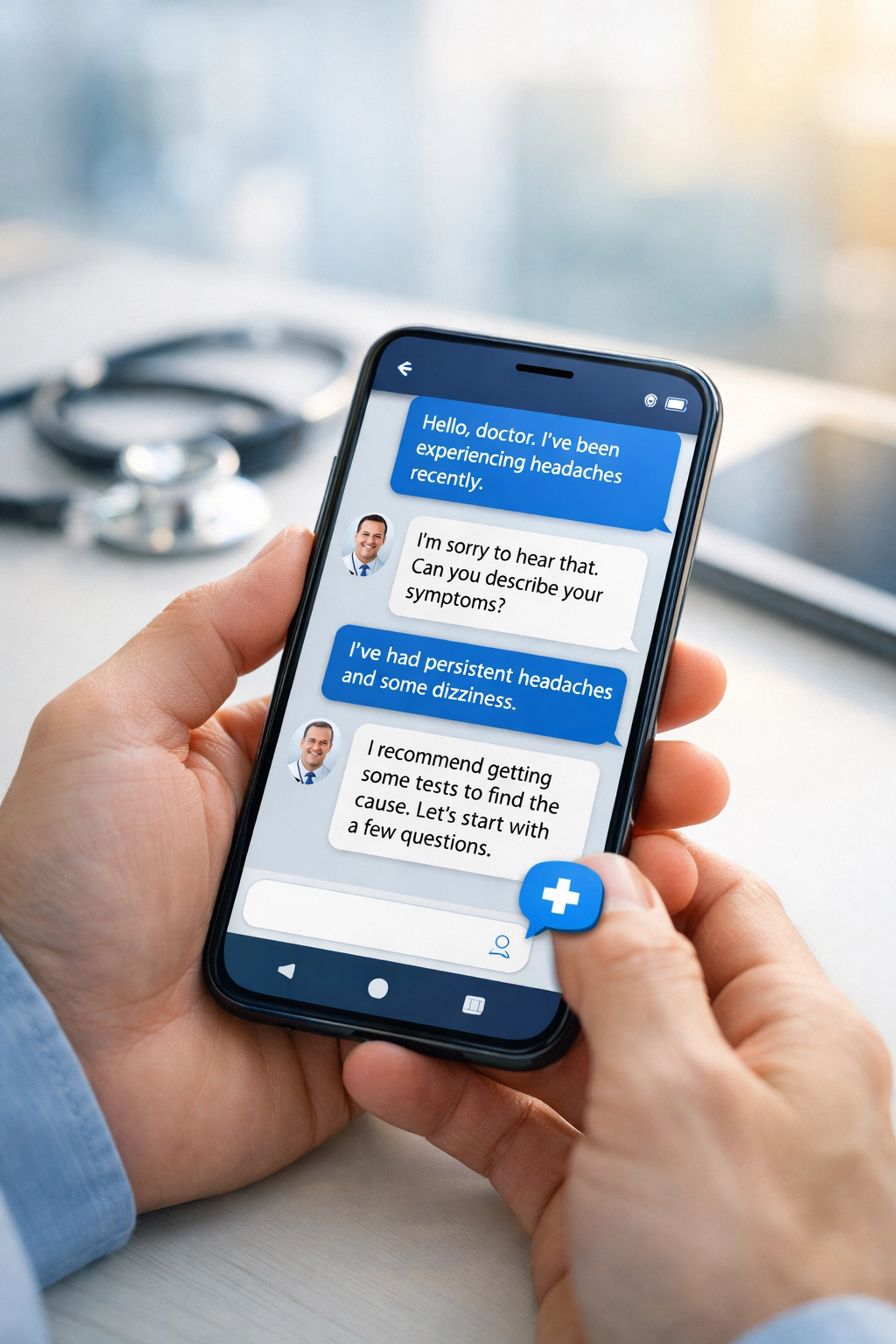 Patient using secure text messaging on a smartphone to get a UTI prescription online from a licensed doctor.