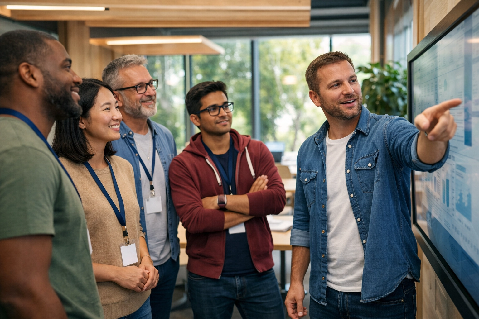 Professional IT team discussing ServiceNow ITOM and ITSM workflows in a modern innovation center.