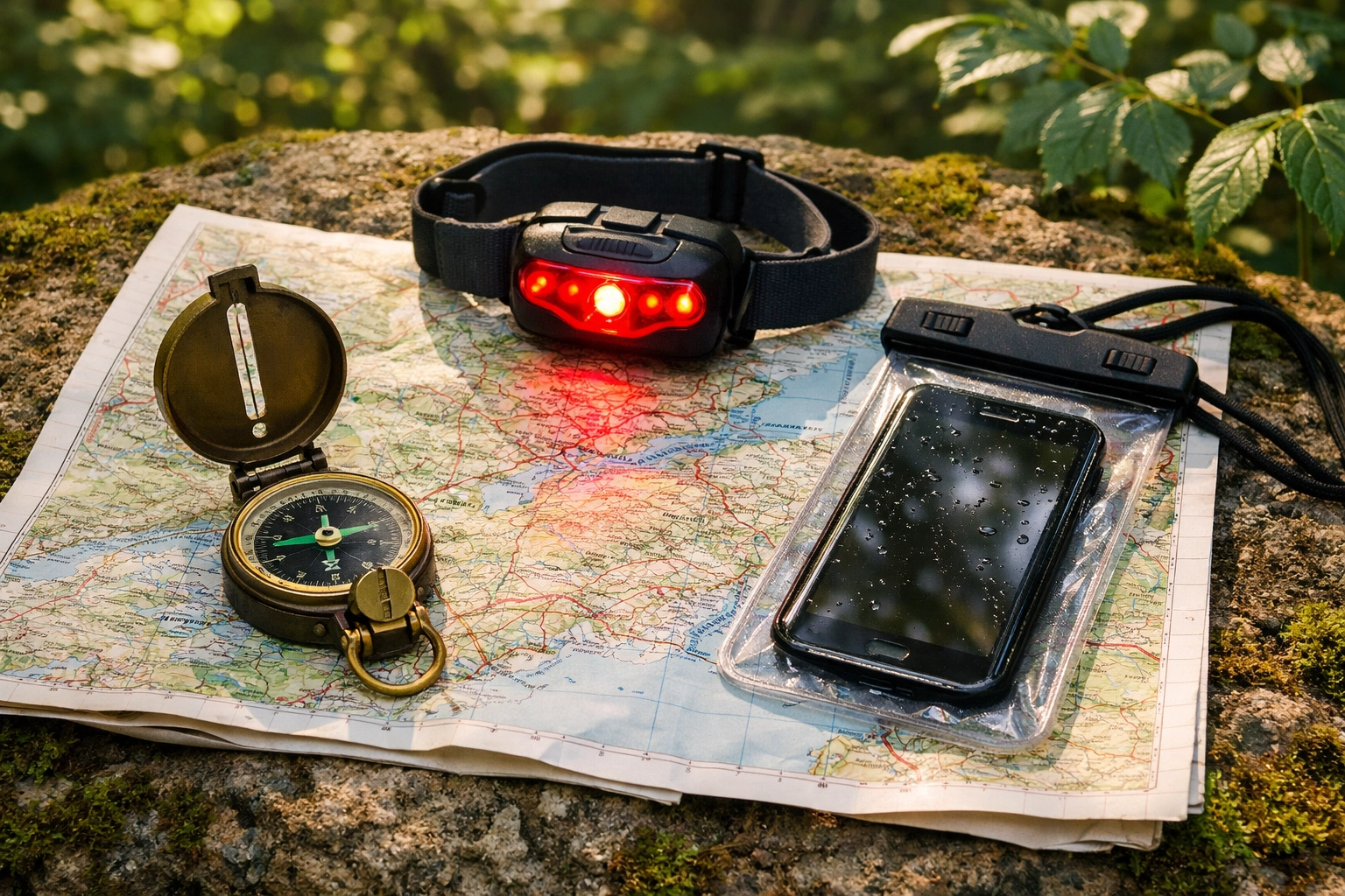 Navigation essentials for wild camping: compass, map, and head torch on topographic chart