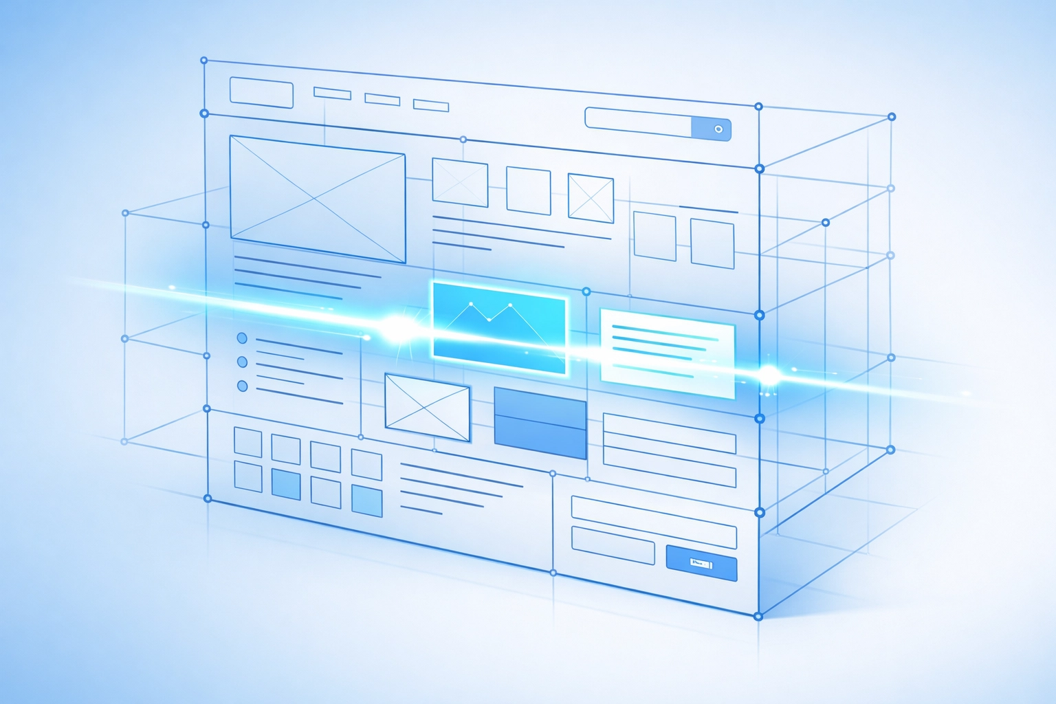 Website wireframe illustration showing an AI bot scanning content for better search engine optimization.