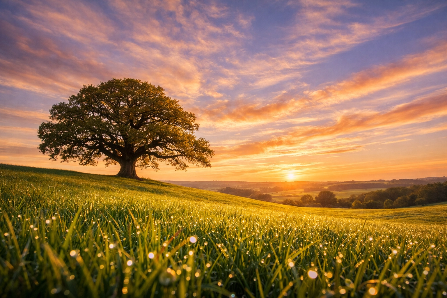 Lone oak tree on a green hill during golden hour illustrating the rule of thirds in landscape composition.