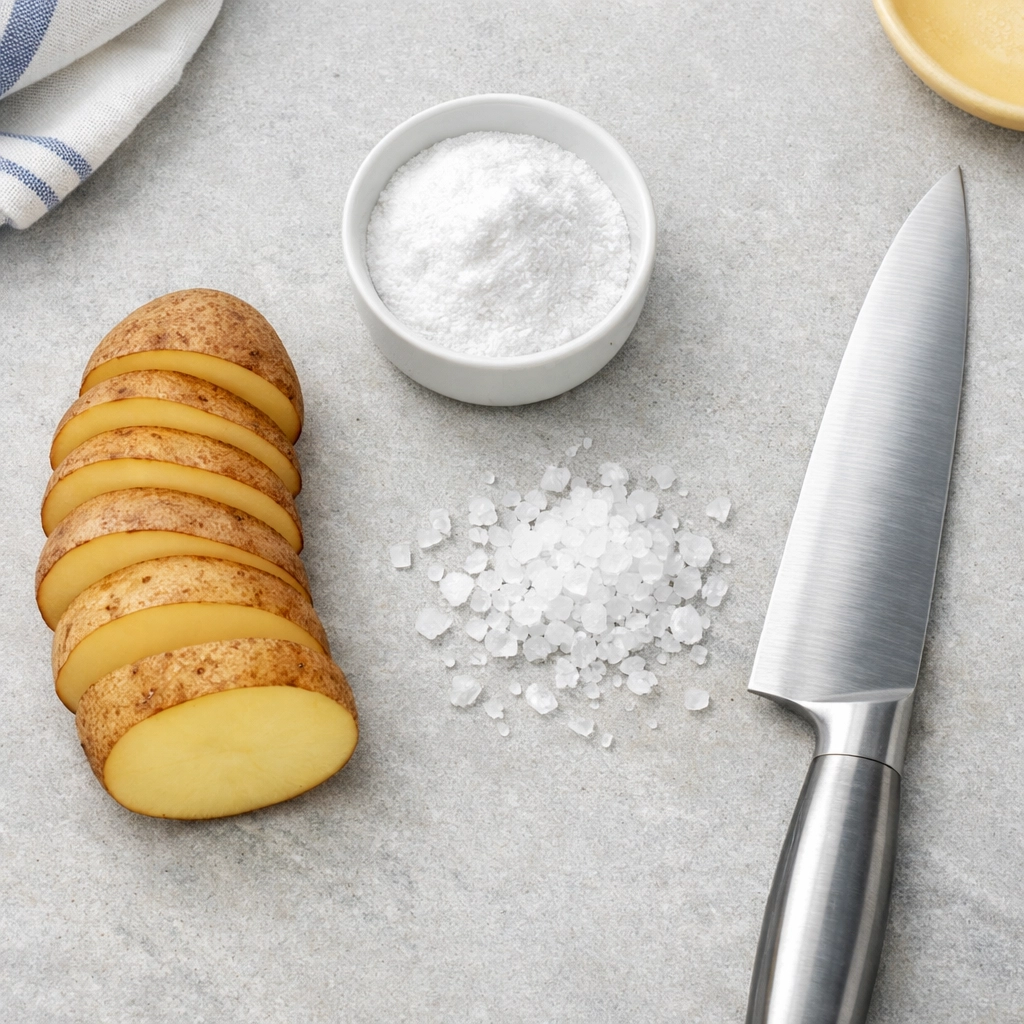 Natural rust removal ingredients: sliced potatoes, baking soda, and sea salt for eco-friendly cleaning.