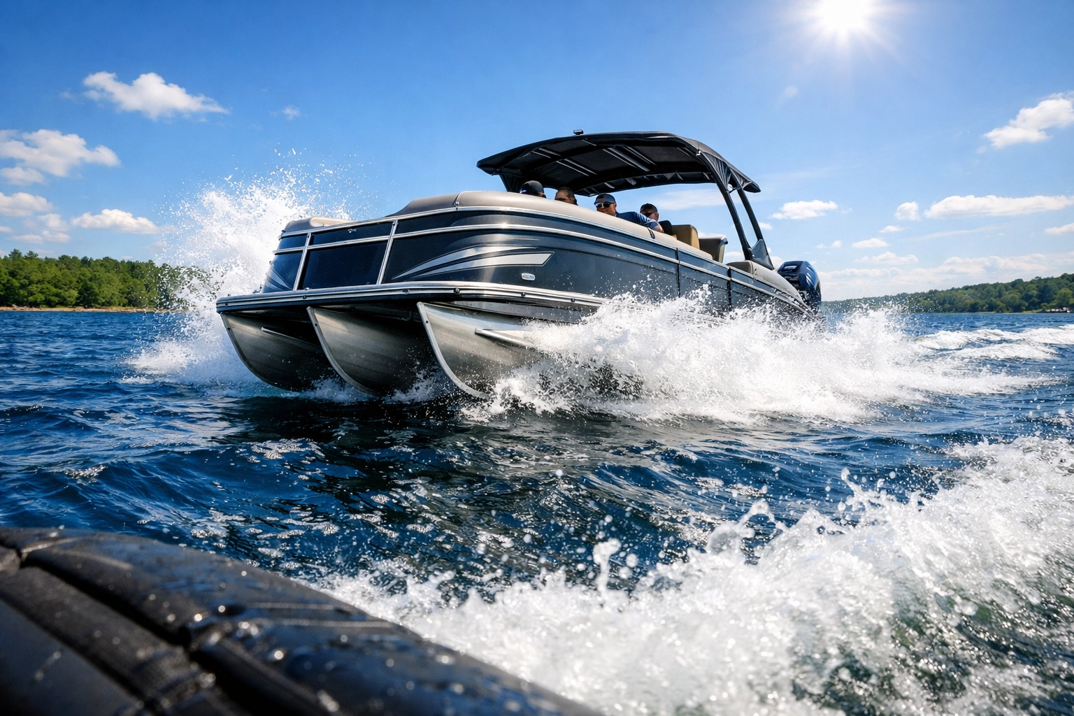 Tritoon performance on choppy lake water—third tube stability, better handling, and higher-speed ride than a pontoon