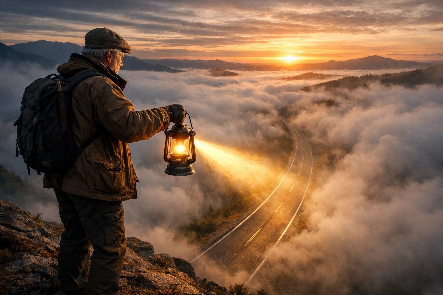 A mortgage coach holding a lantern to clear a path through fog, guiding the way to homeownership.