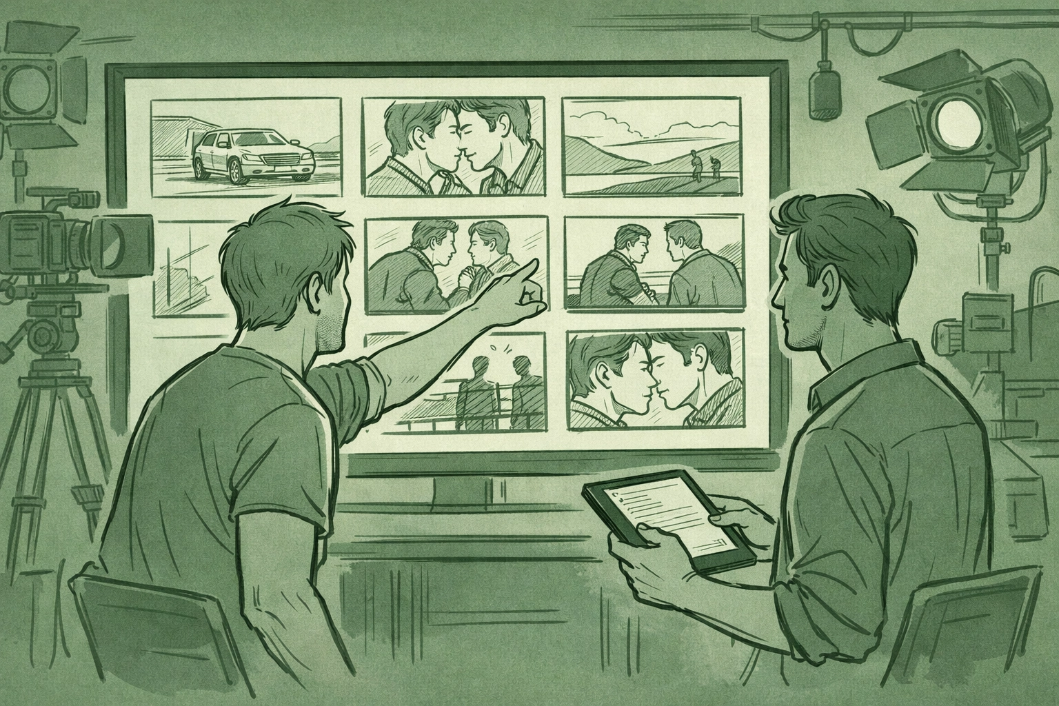 Two men reviewing MM romance storyboards in production studio for TV adaptation