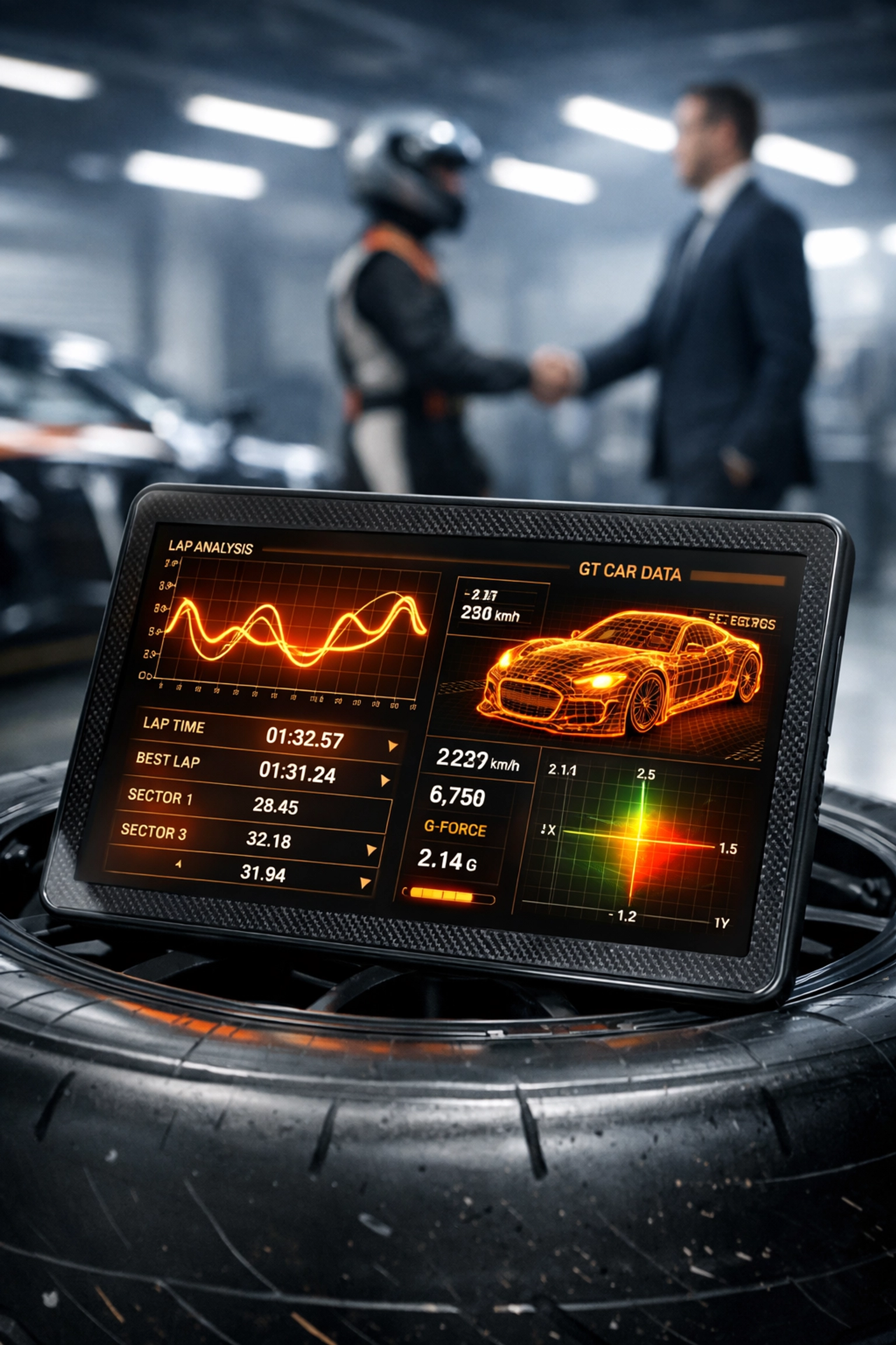 Performance telemetry data on a tablet used to secure long-term motorsport partnerships.