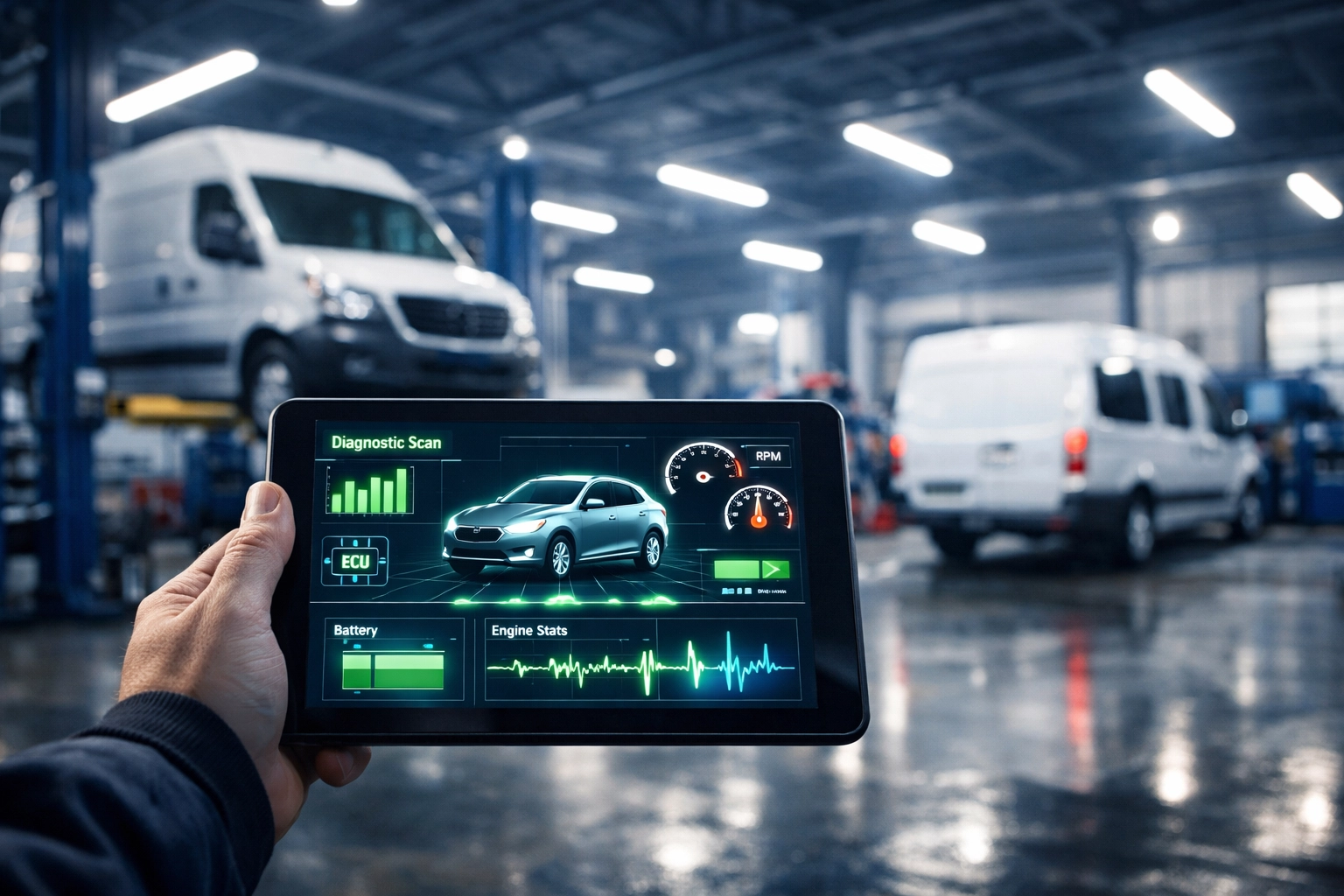 A certified mechanic using a digital tablet to track fleet maintenance records in a modern Huntington auto repair shop.