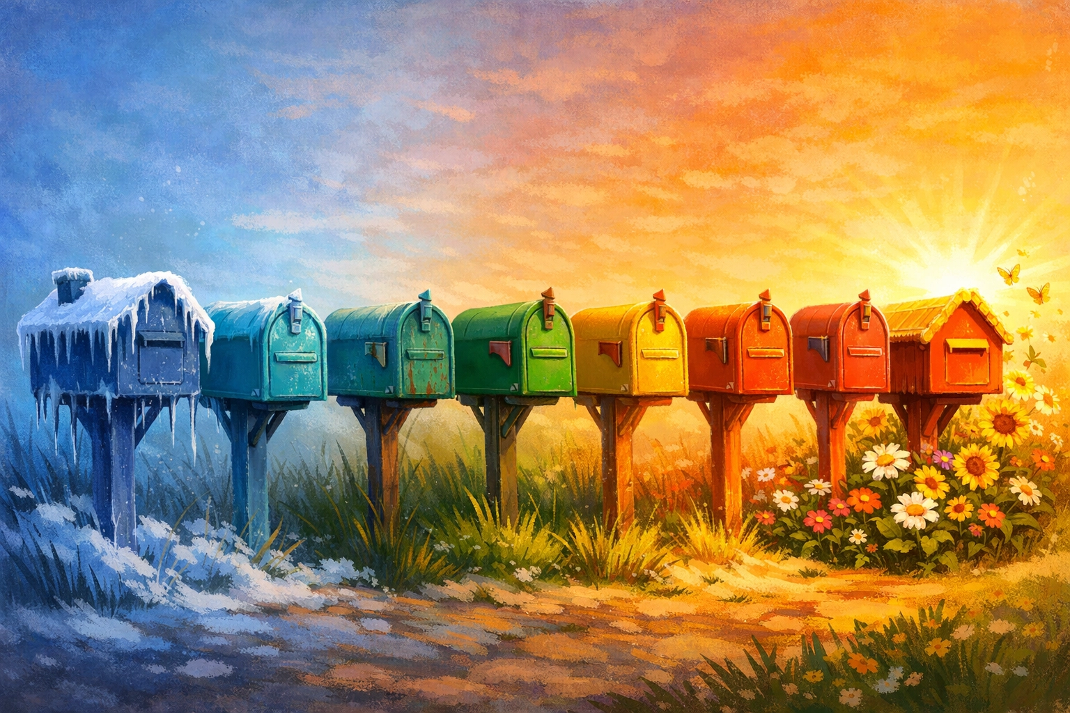 Row of mailboxes warming up from ice to sunlight representing a 7-day email nurture sequence.