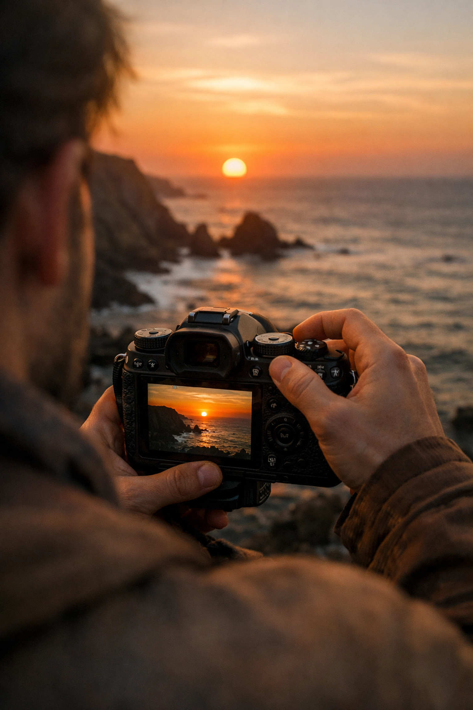 Photographer adjusting camera settings during a coastal sunset to practice manual mode photography.