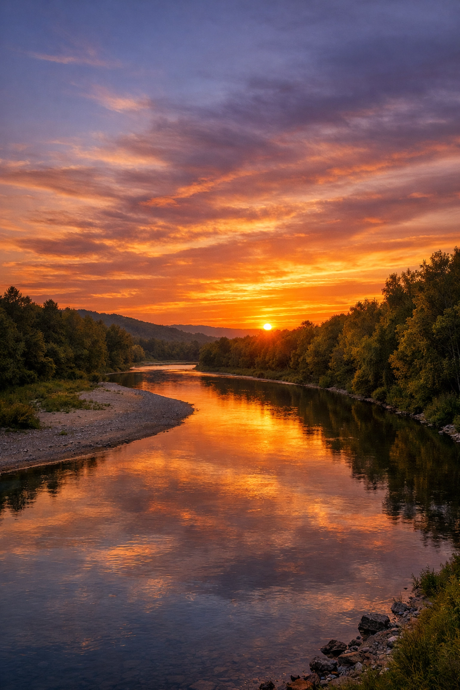 Natural sunset colors reflected in a river, showing subtle landscape photography post-processing.