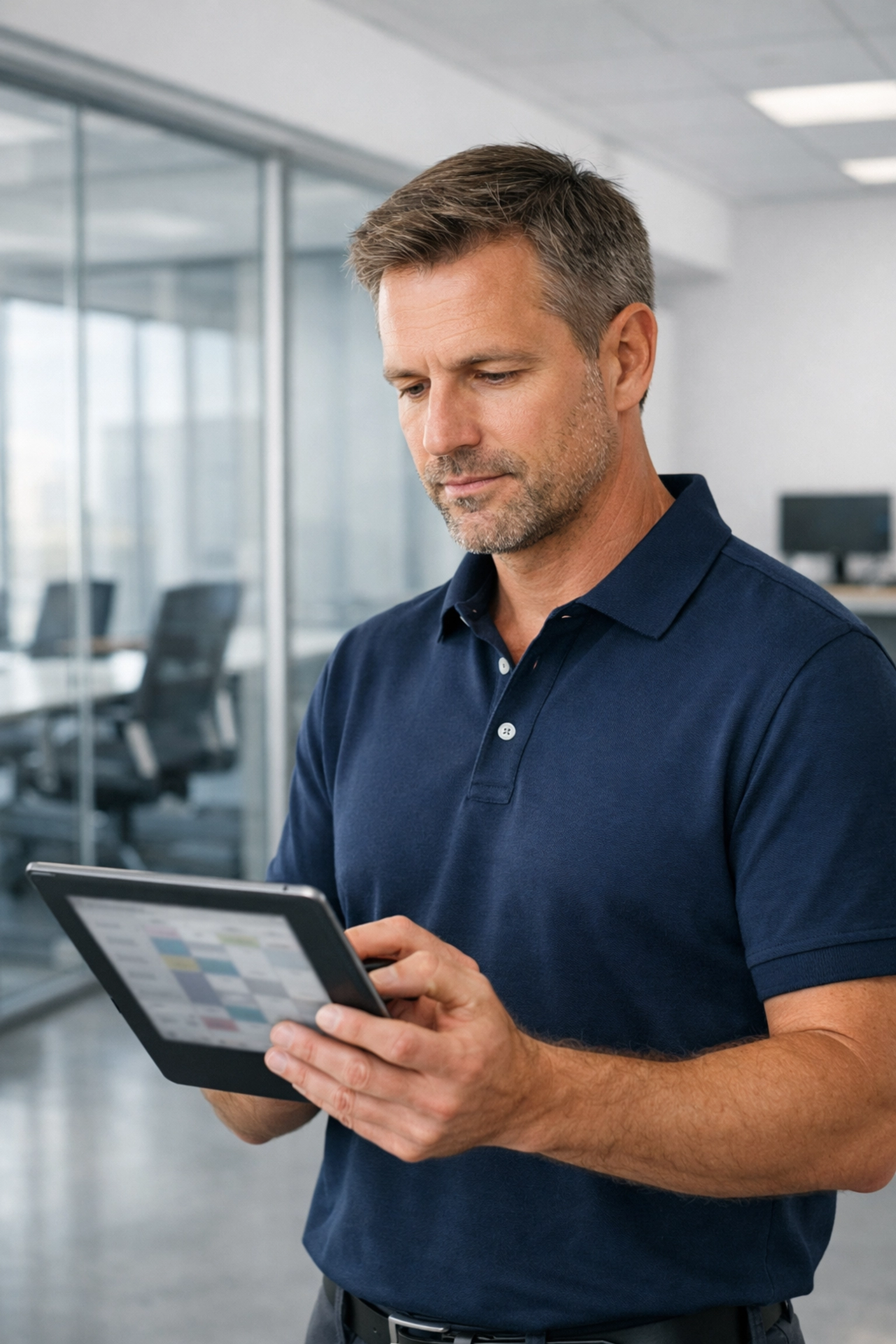 Operations manager using a tablet to show a professional management structure in a Raleigh business.