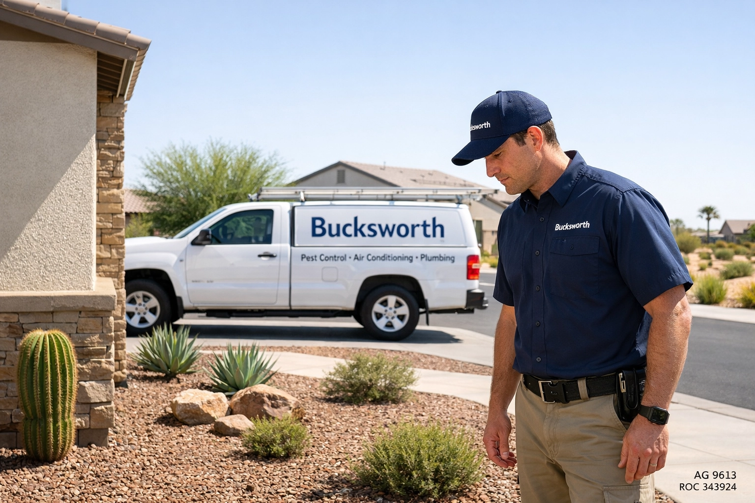 Bucksworth Home Services technician conducting a termite protection assessment at a home in Mesa, Arizona.