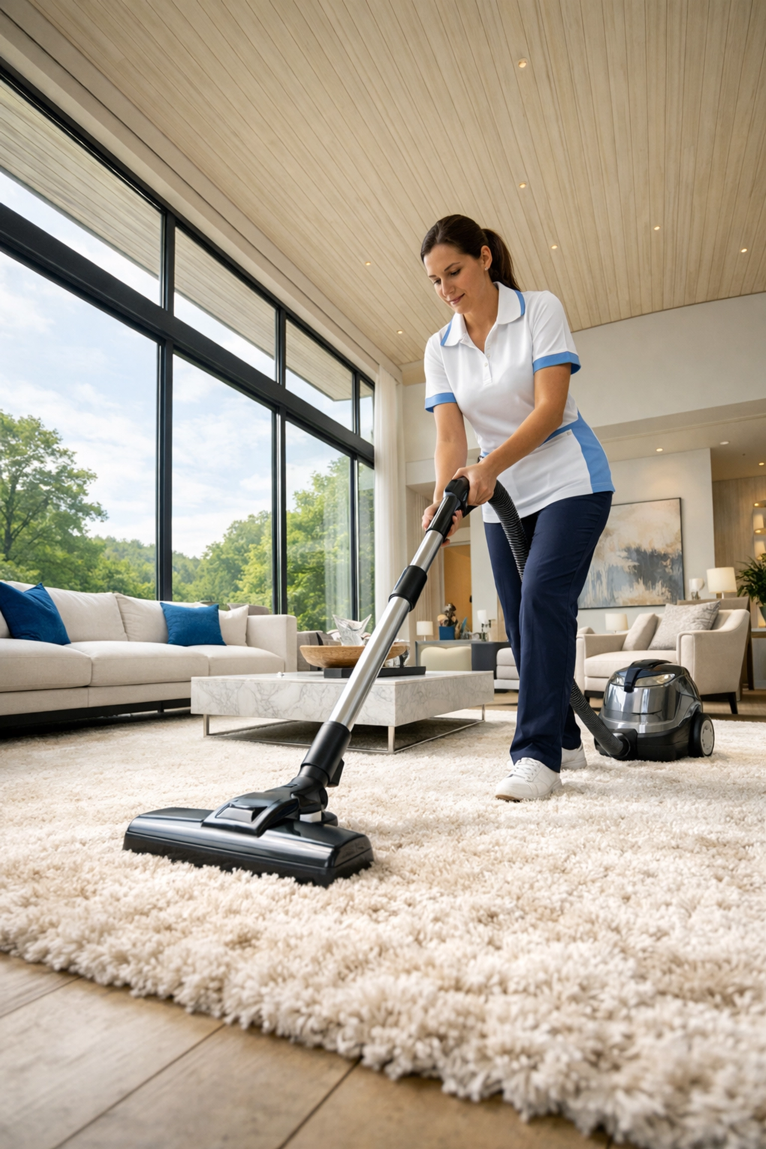 Professional cleaners MA using a HEPA-filter vacuum on a designer rug in a luxury Weston living room.