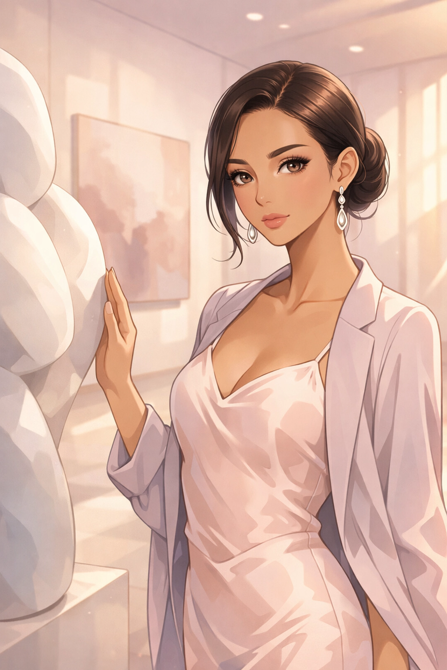 Sophisticated woman with natural nano brows in a Doylestown art gallery, highlighting luxury permanent makeup.