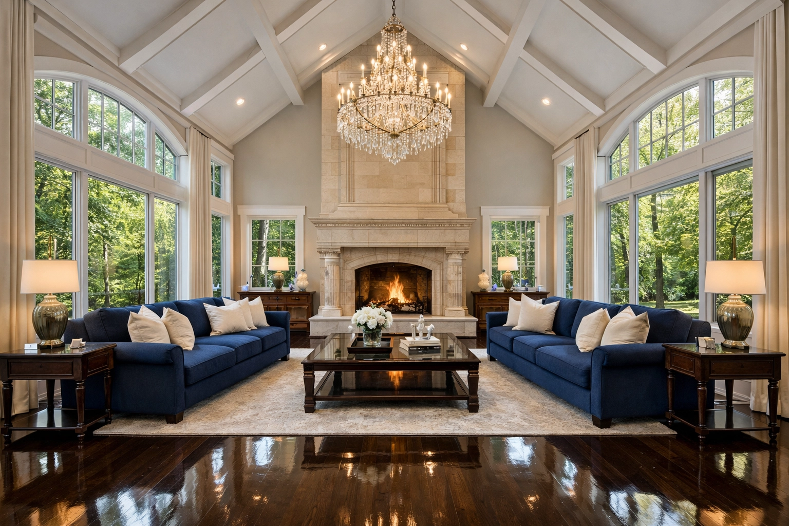 Spotless luxury living room in a Dover estate featuring polished floors and high ceilings after a professional clean.