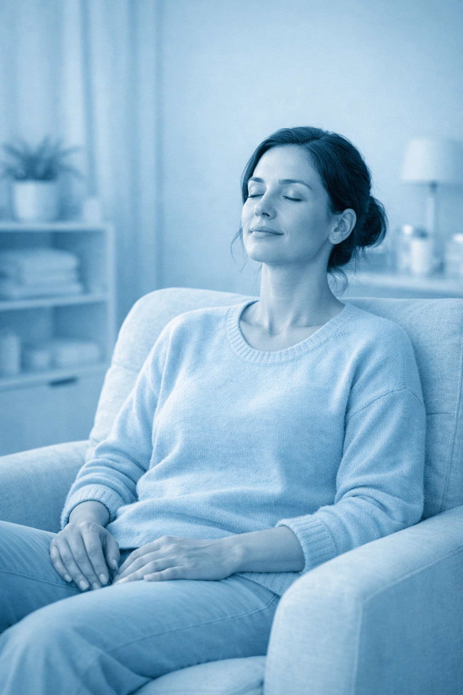 Person achieving a regulated nervous system and anxiety relief in a mind-body therapy session.