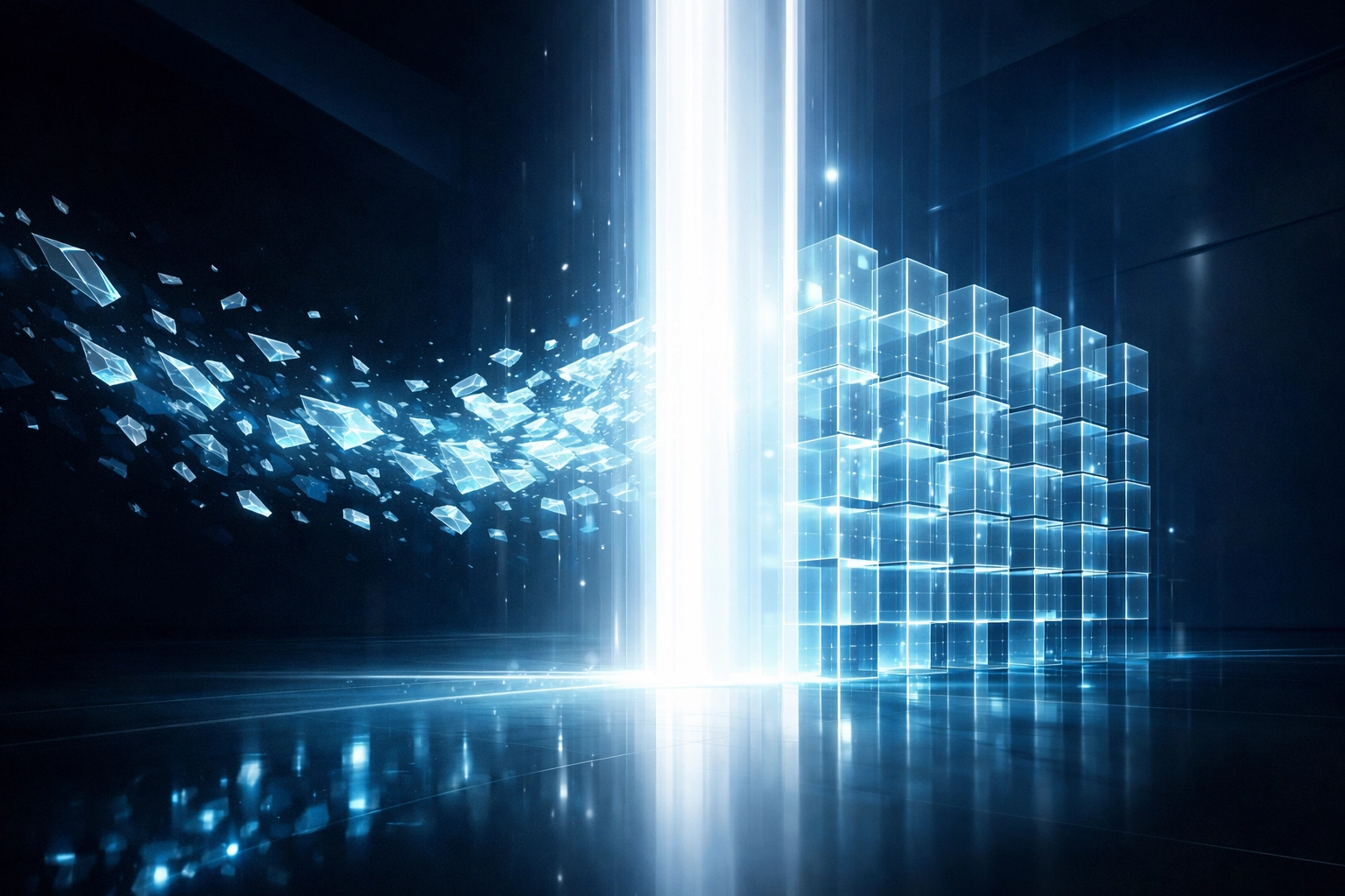 Visualization of raw patient data transforming into a structured digital intake form for better care.