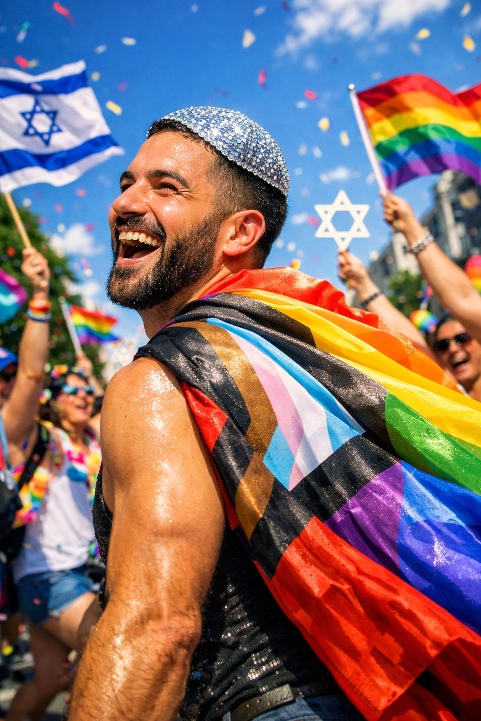 Joyful gay man wearing a sequined yarmulke and Pride flag cape at a 2026 Pride parade celebration.