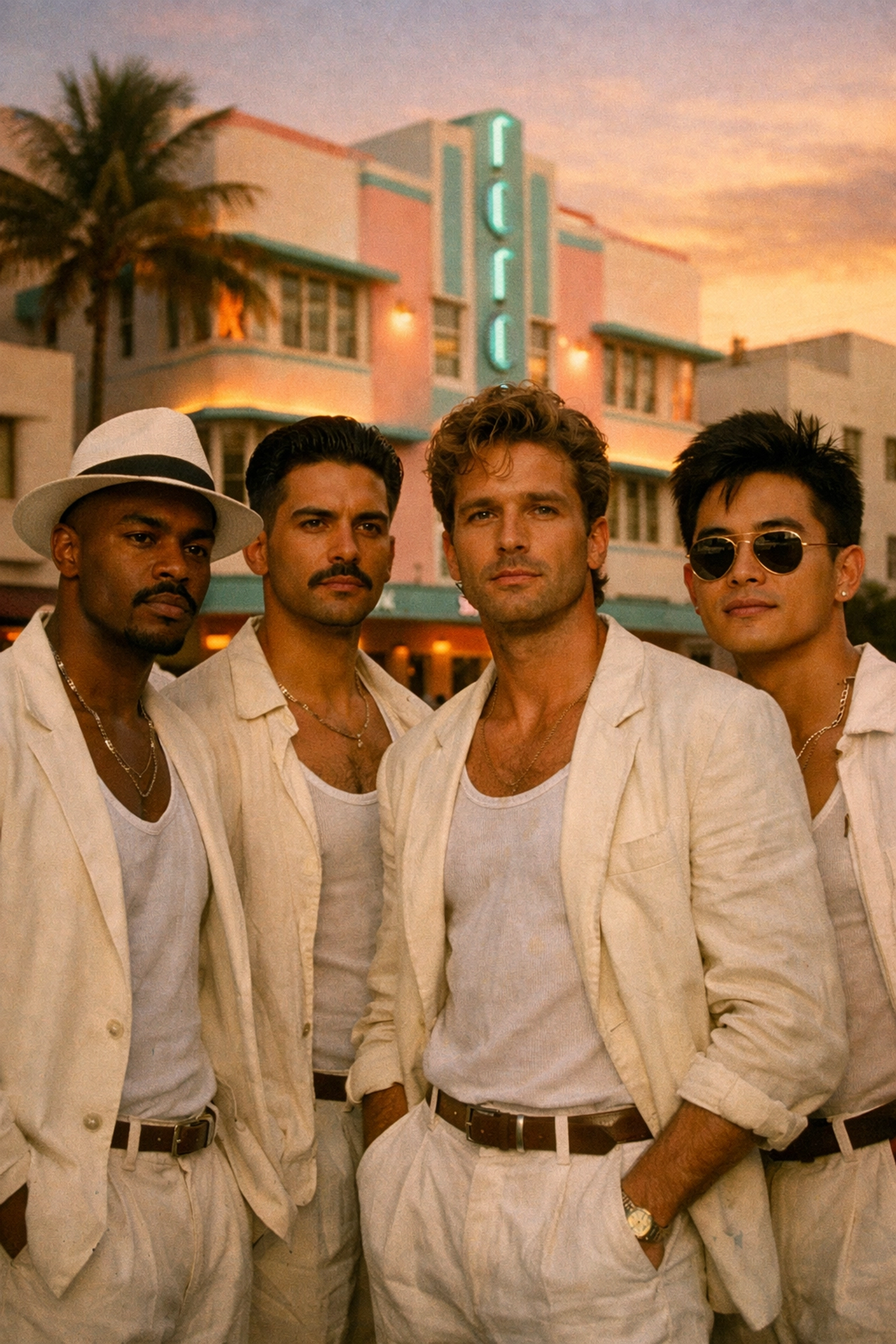 Gay men in white 1980s fashion at a Miami White Party fundraiser for HIV/AIDS awareness.