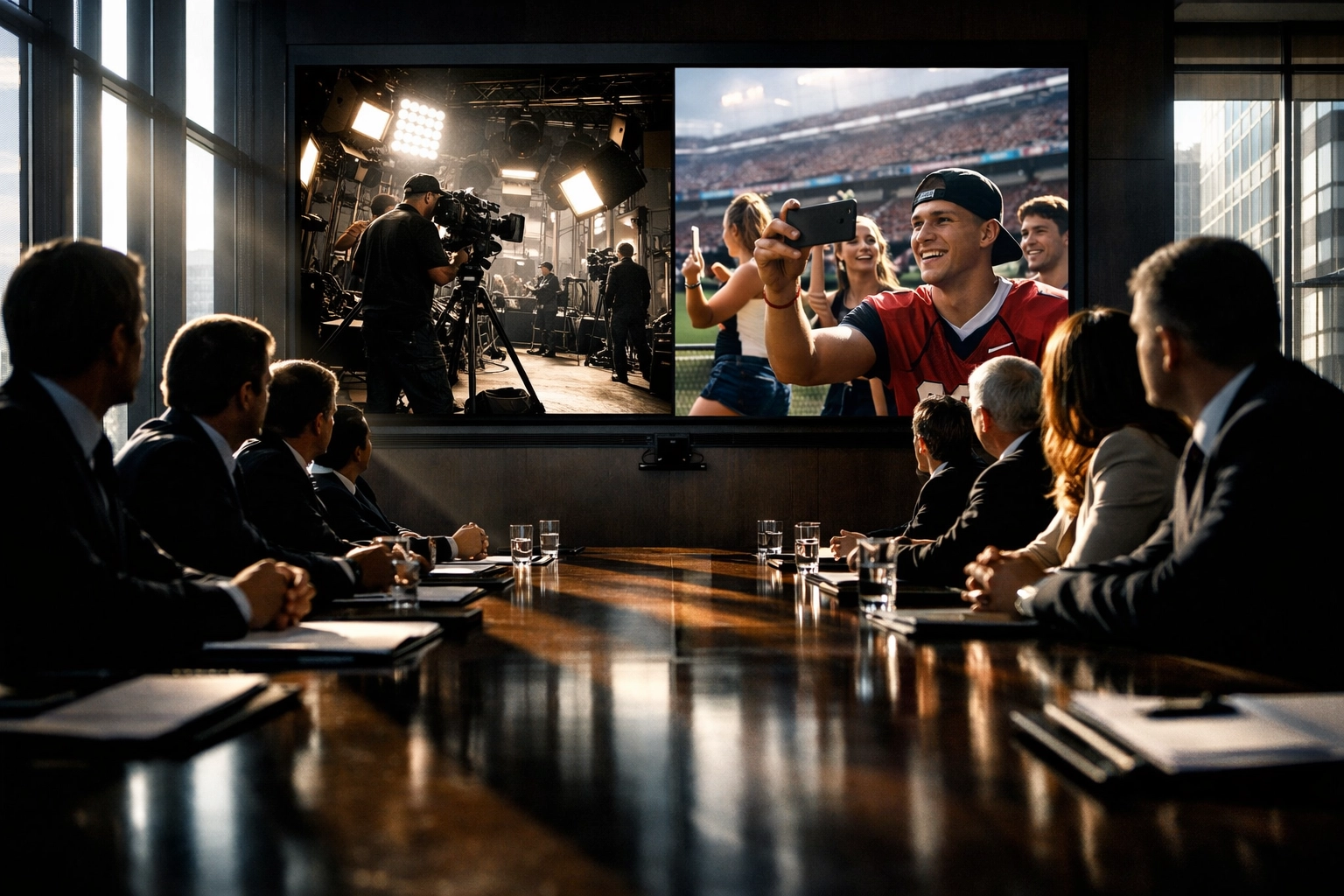 Fortune 100 boardroom comparing traditional Super Bowl ads with NIL athlete marketing strategies