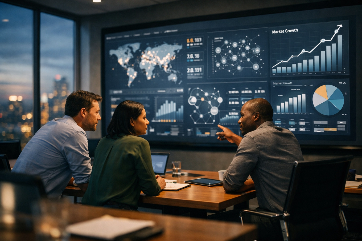 Business professionals using integrated media technology dashboards for strategic growth and scaling.