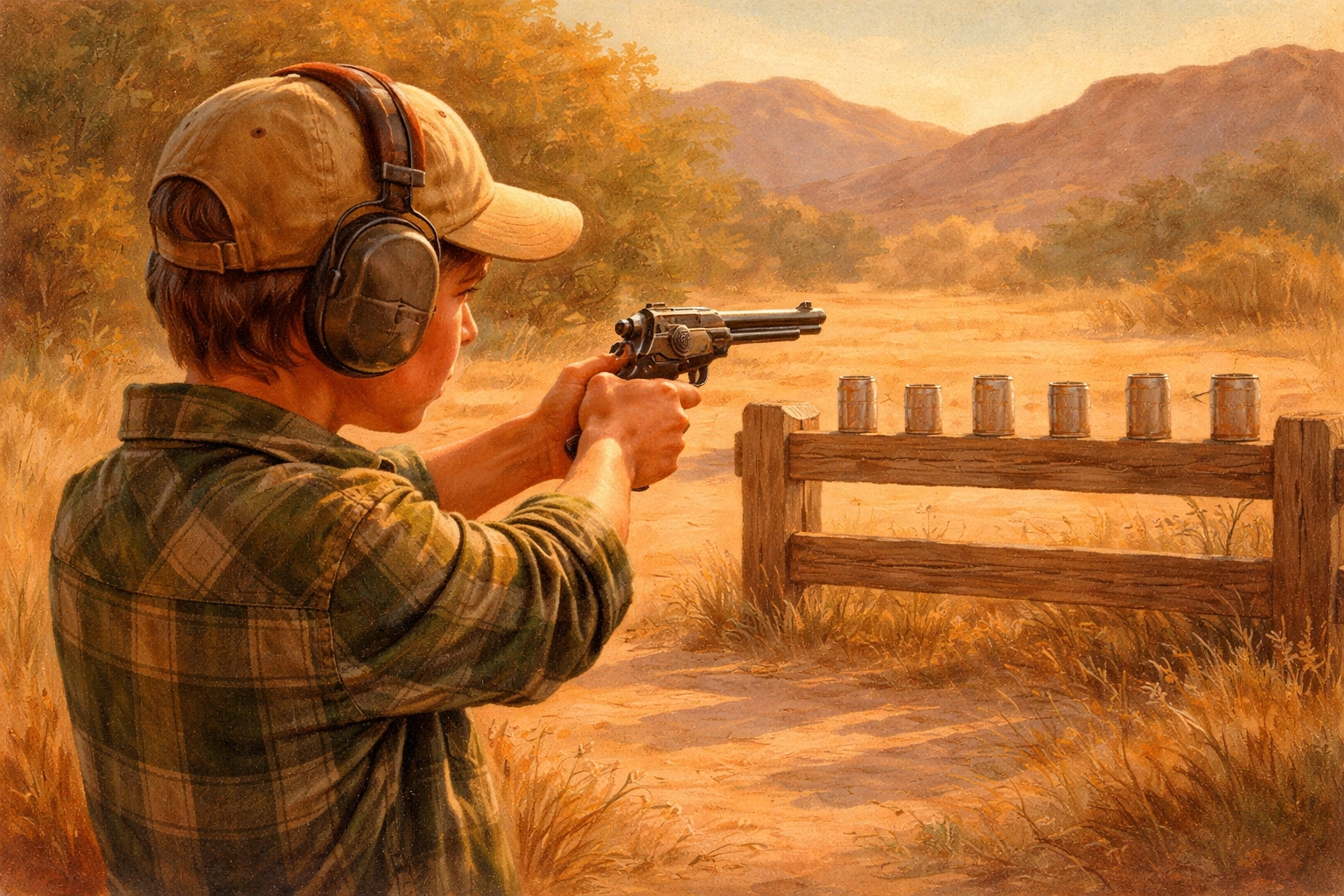 Beginner shooter aiming a Heritage Rough Rider revolver at tin can targets in a nostalgic Western setting