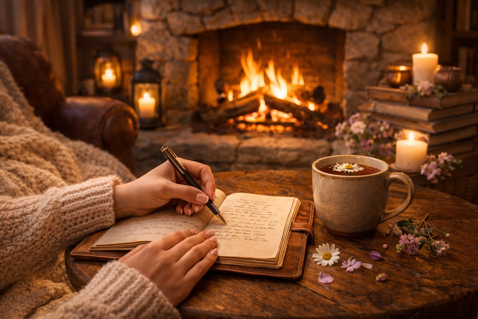 A warm, cozy fireplace and journal, creating a safe space to learn how to stop people pleasing.