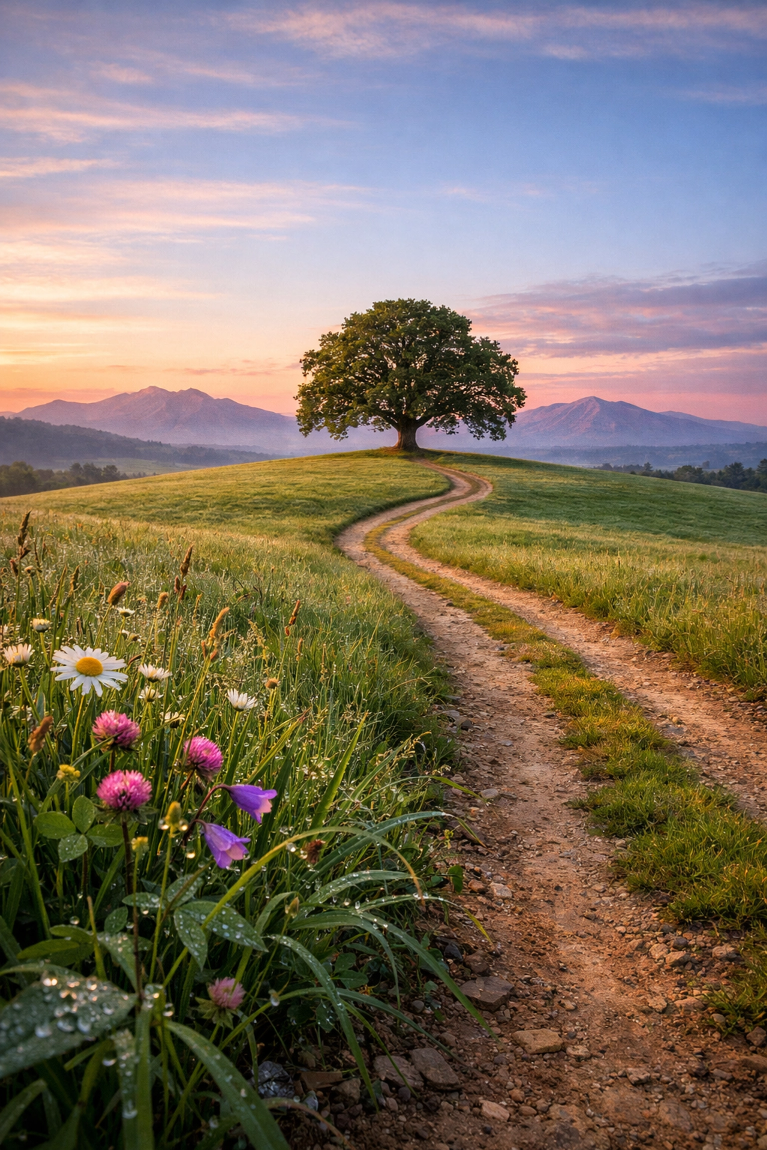 Landscape photography composition with a path and flowers leading to a lone tree at sunrise.