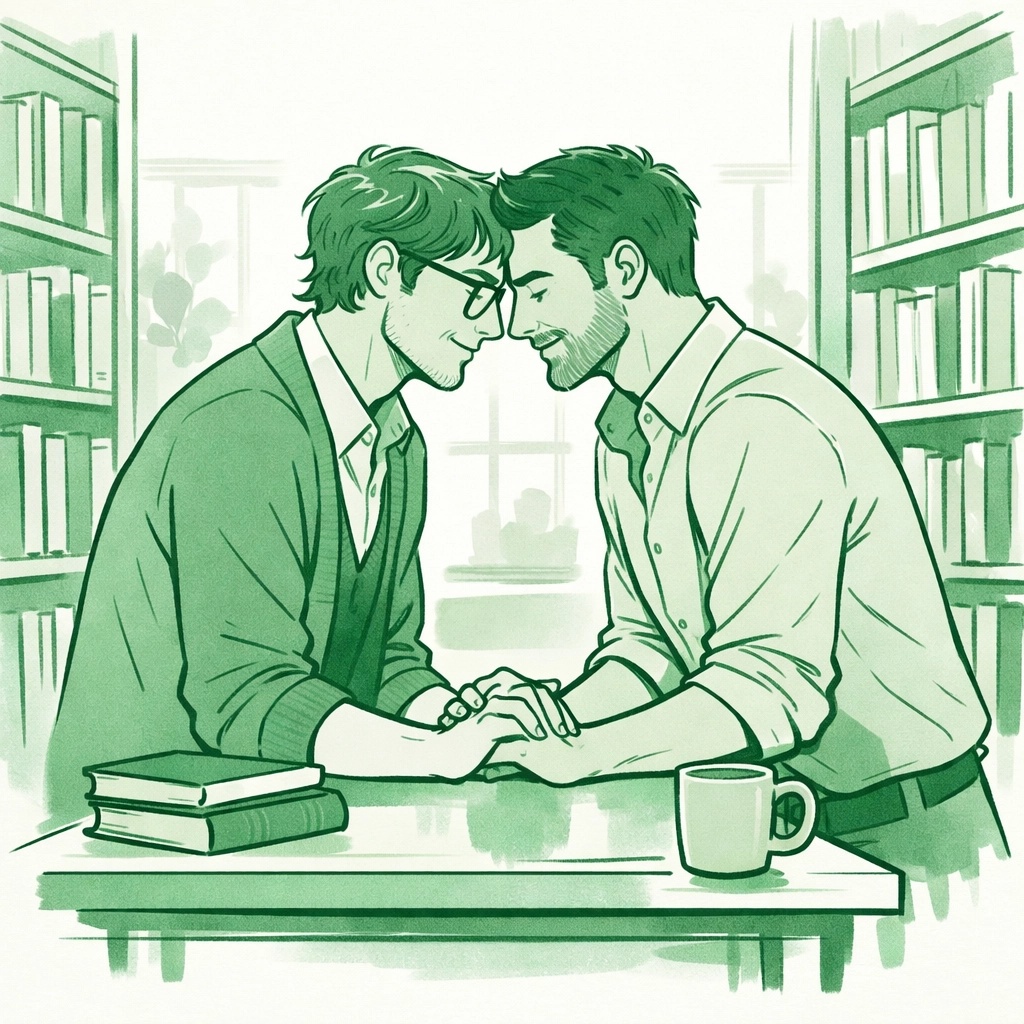 Two men connecting deeply in a library, representing romantic asexual bonds and emotional intimacy.
