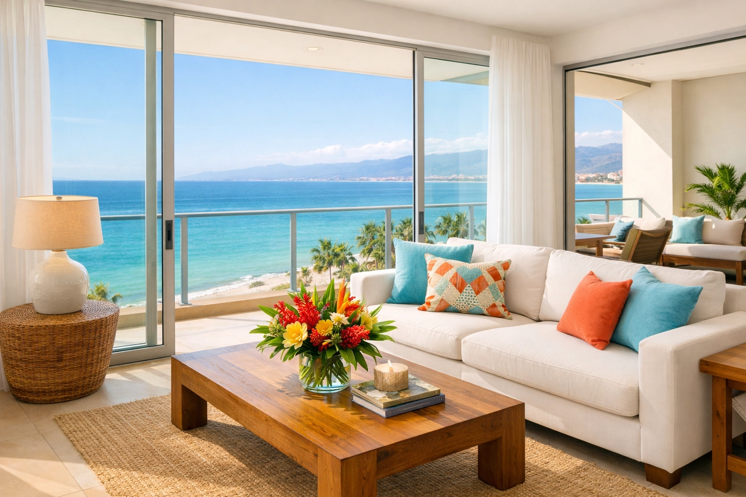 Modern condo living room in Amapas with ocean views of Banderas Bay