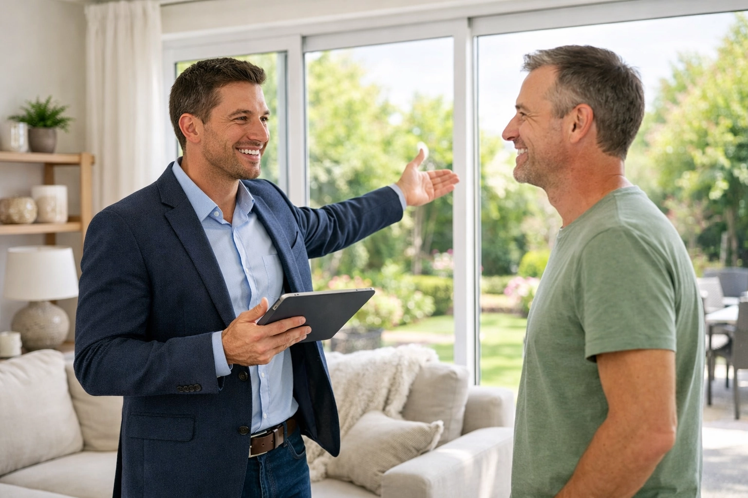 A homeowner and professional estate agent discussing an accurate property valuation in a modern Yate living room.