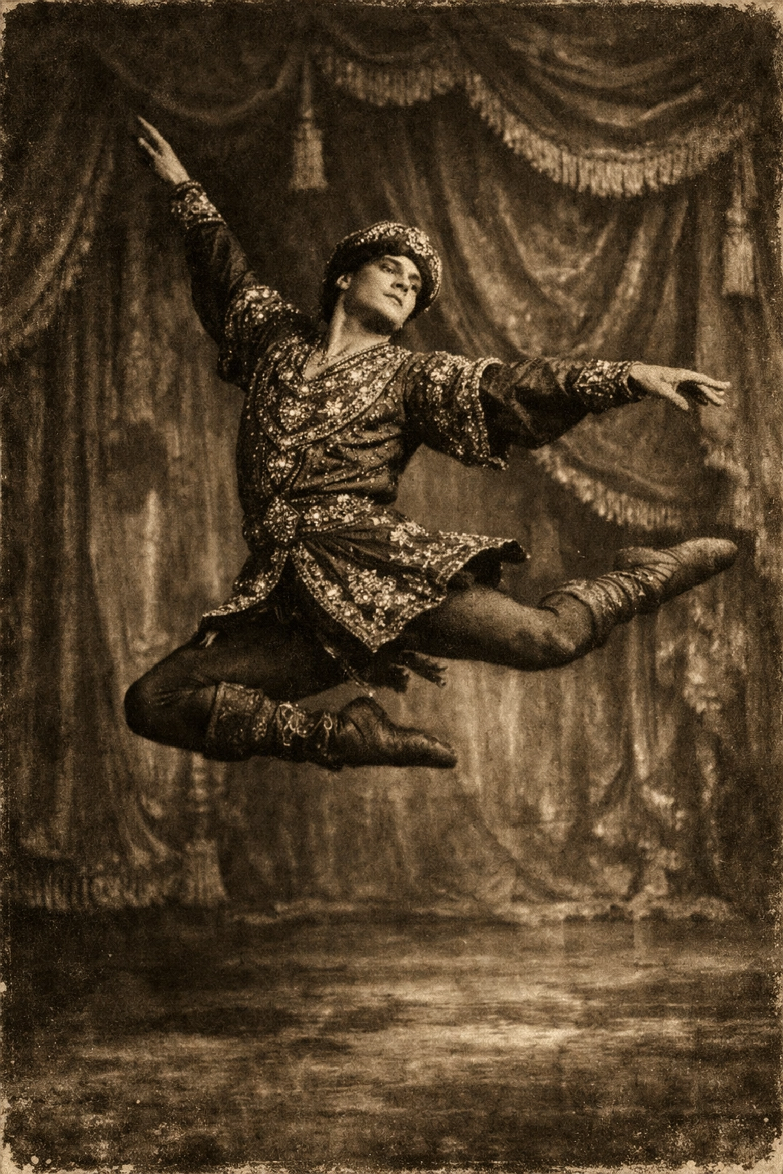Male ballet dancer in ornate Russian costume performing in 1909 St. Petersburg Ballets Russes style