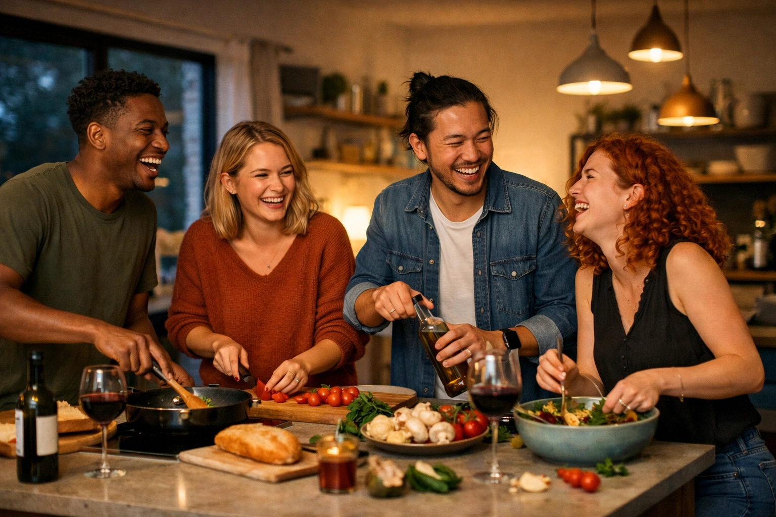 Young professionals cooking together in shared housing community kitchen
