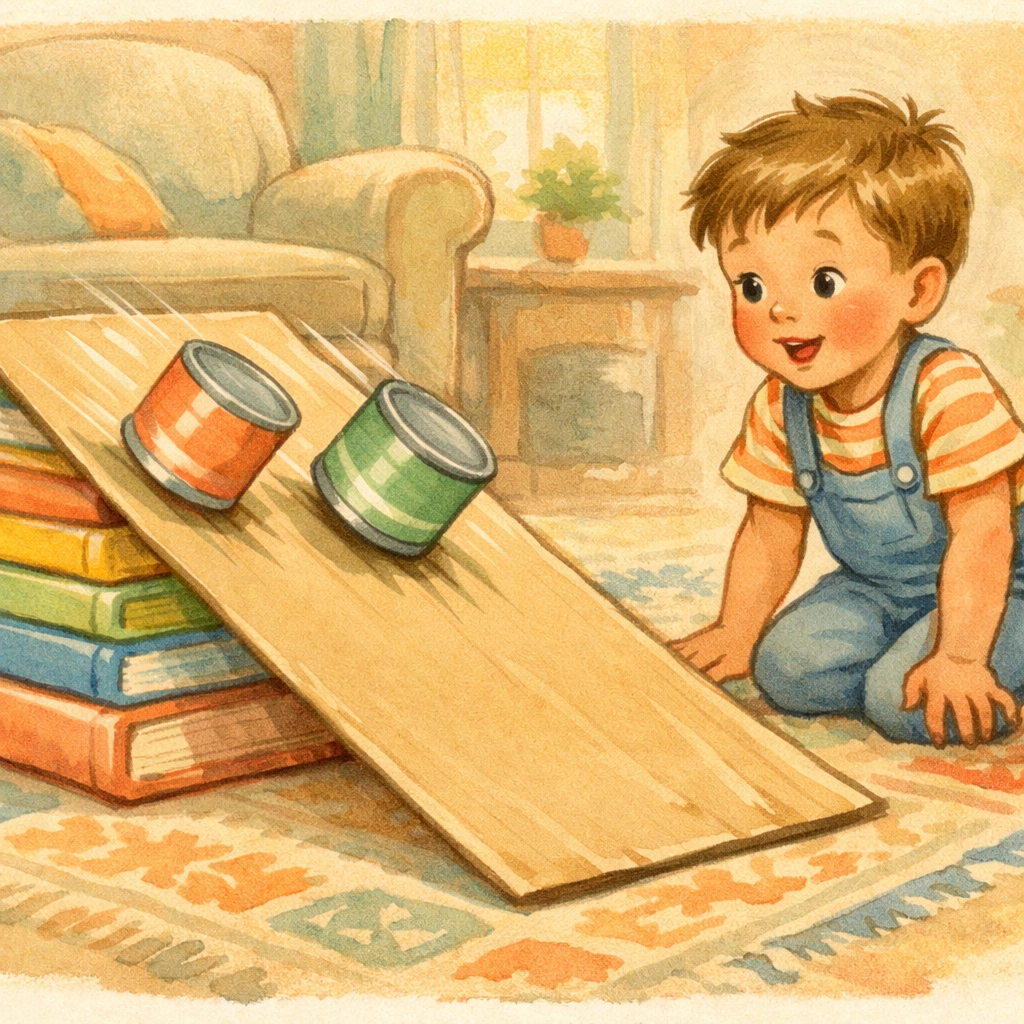 Two cans racing down cardboard ramp while child observes physics experiment in action