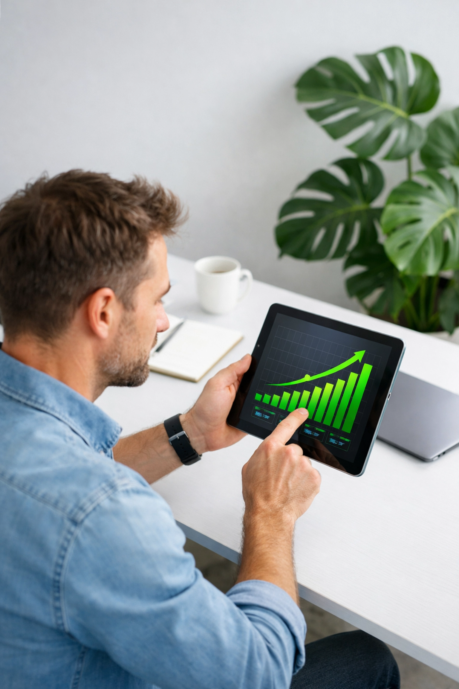 A startup founder reviews a growth chart on a tablet, gaining financial clarity through monthly bookkeeping.