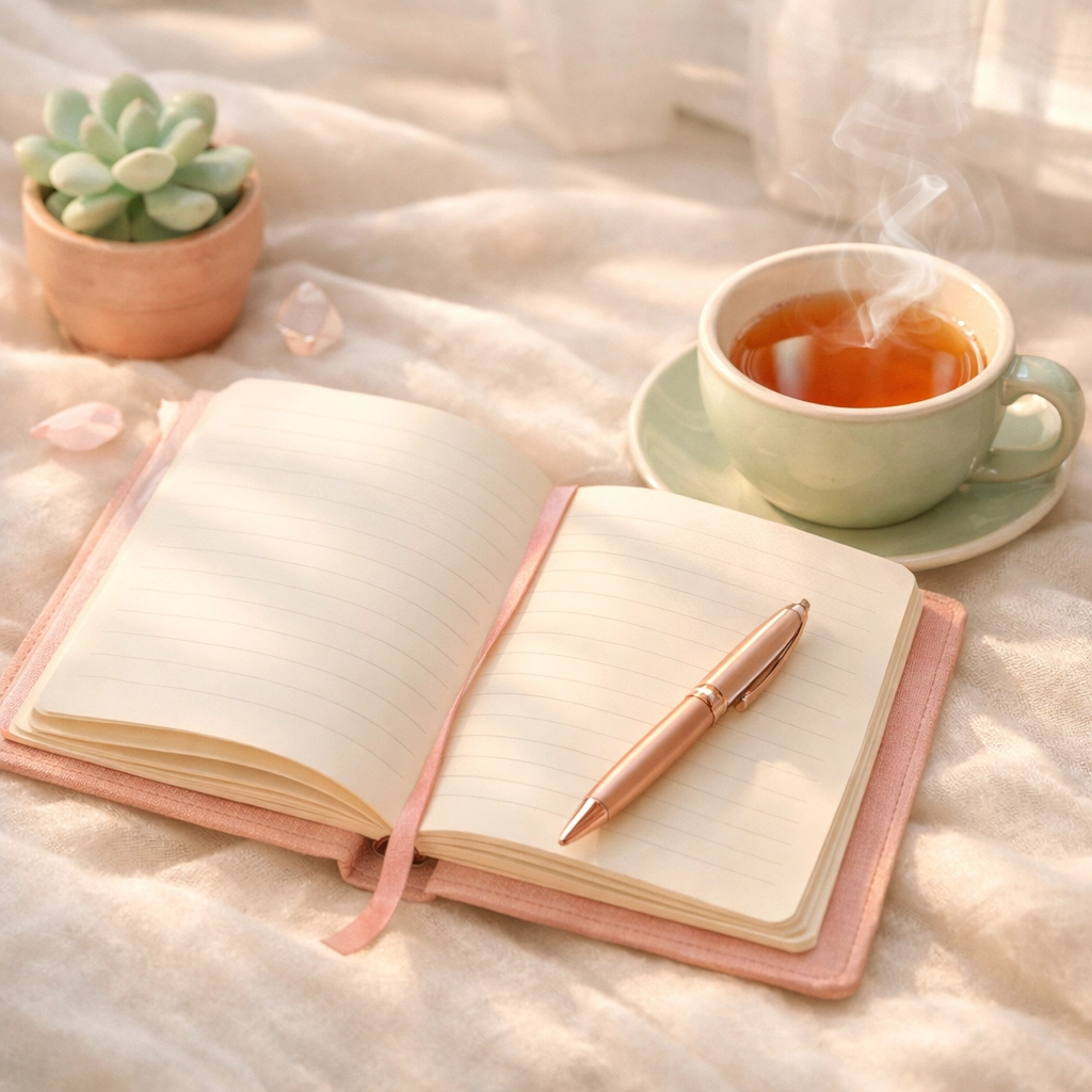 Open journal with tea for self-reflection and developing relationship skills