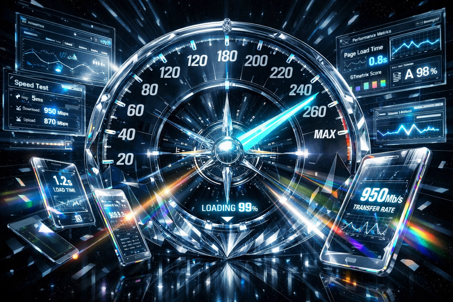 Website speed performance dashboard analyzing competitor site metrics and technical optimization