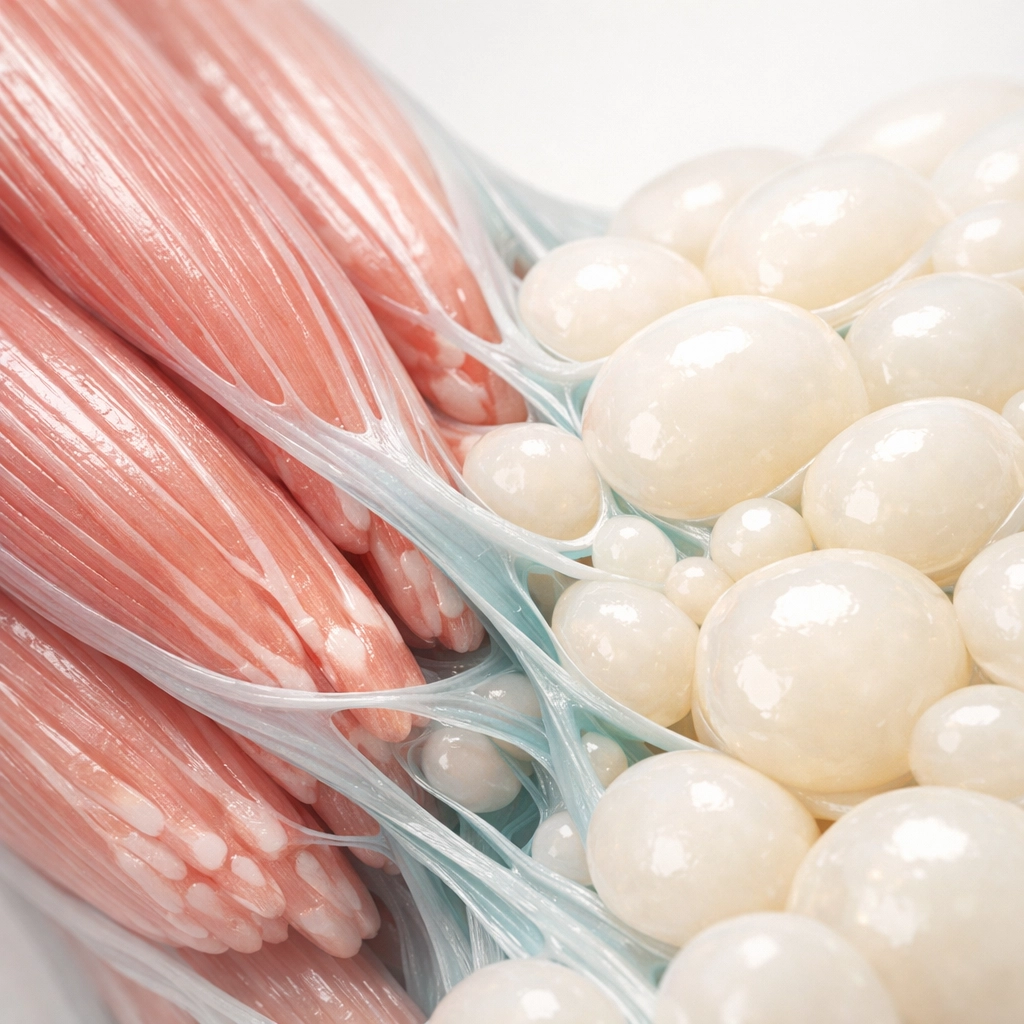 Microscopic view of muscle fibers and fat cells illustrating nutrient partitioning for metabolism.