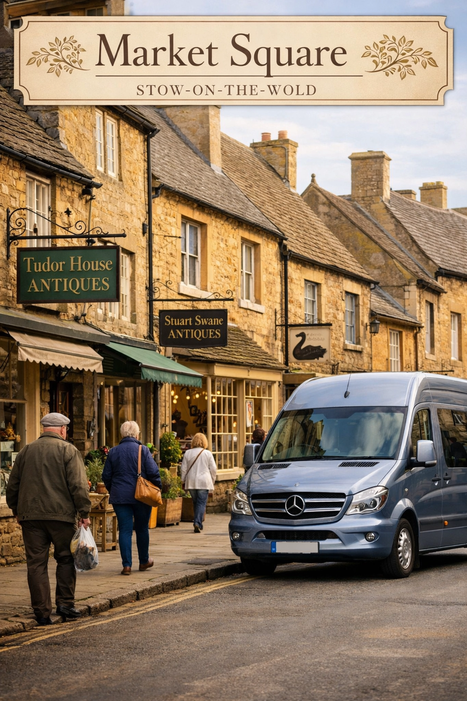 Honey-colored stone antique shops lining the Market Square in Stow-on-the-Wold, a top shopping destination.