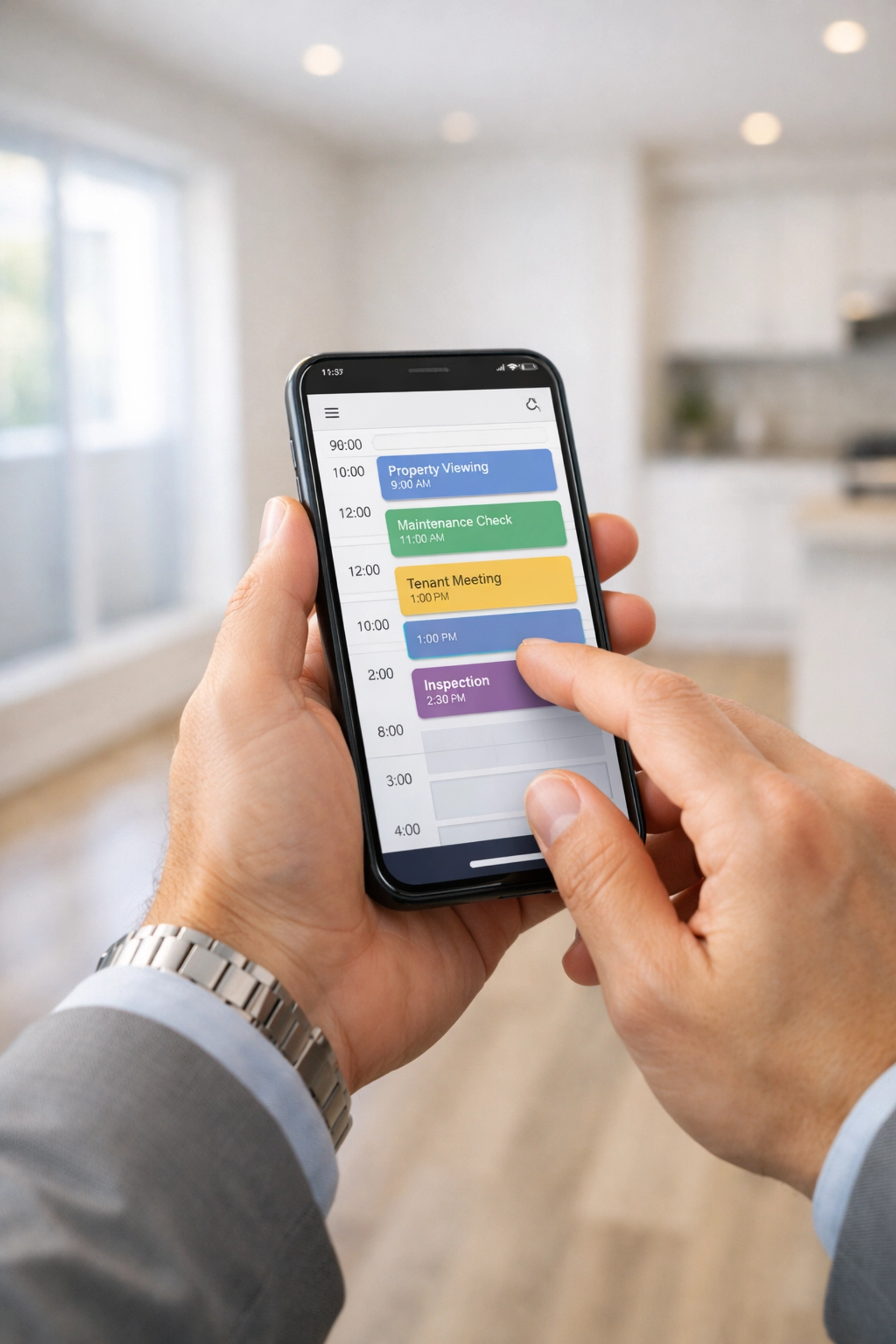 Property manager scheduling apartment turnover services on smartphone calendar app