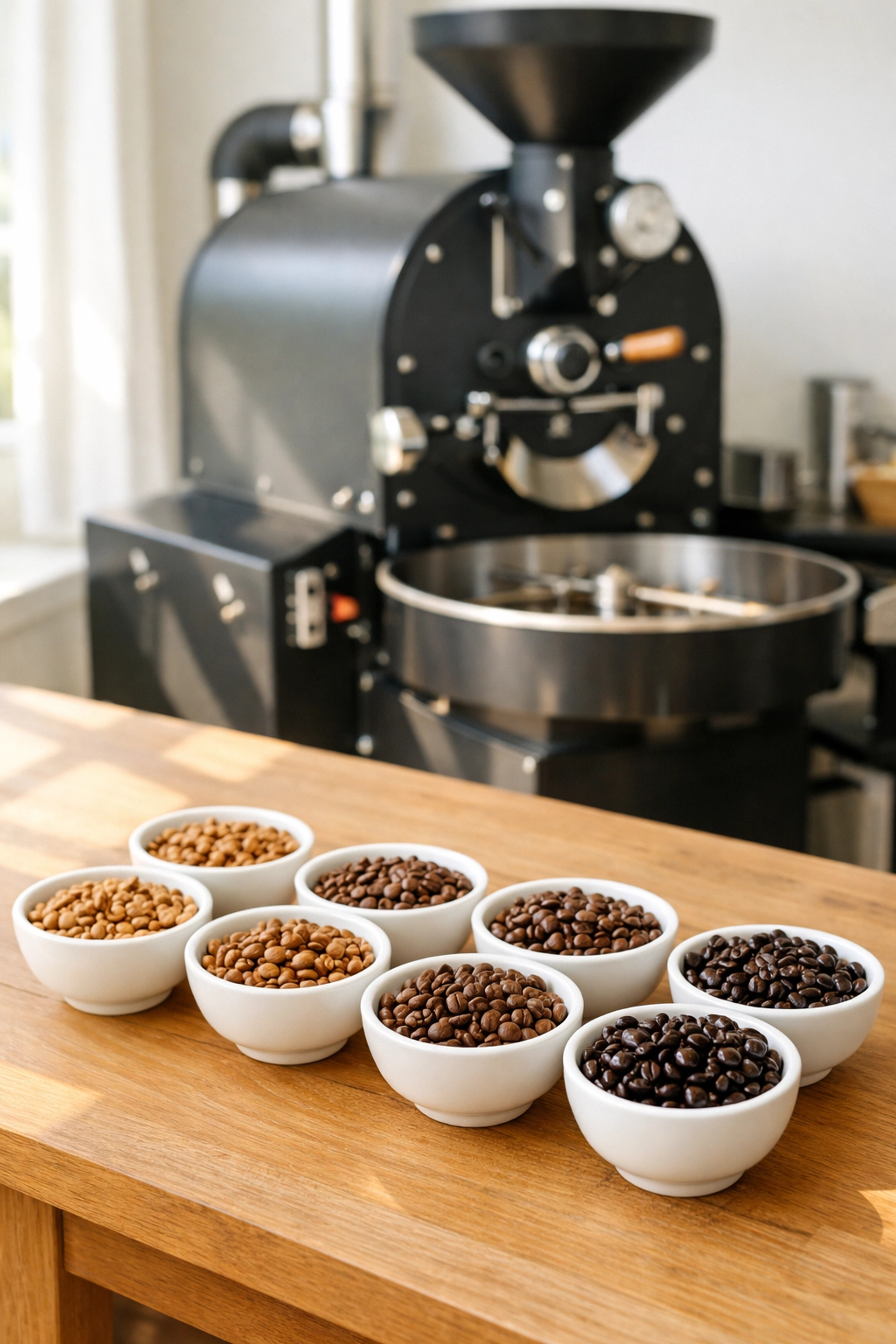 Professional coffee cupping table with various specialty roasts at a wholesale coffee roastery.