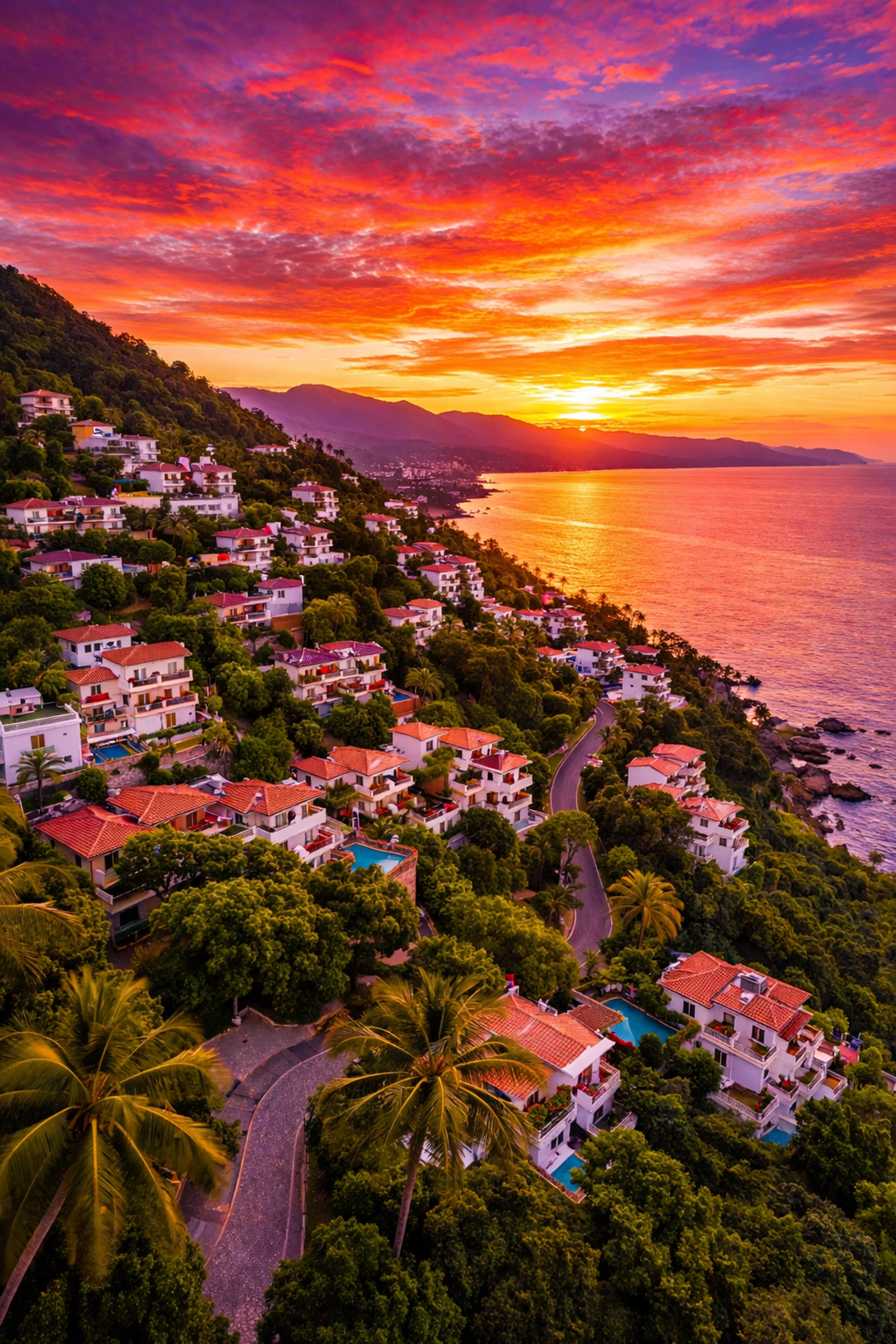 Aerial sunset view over Puerto Vallarta's Amapas hillside neighborhood and Banderas Bay
