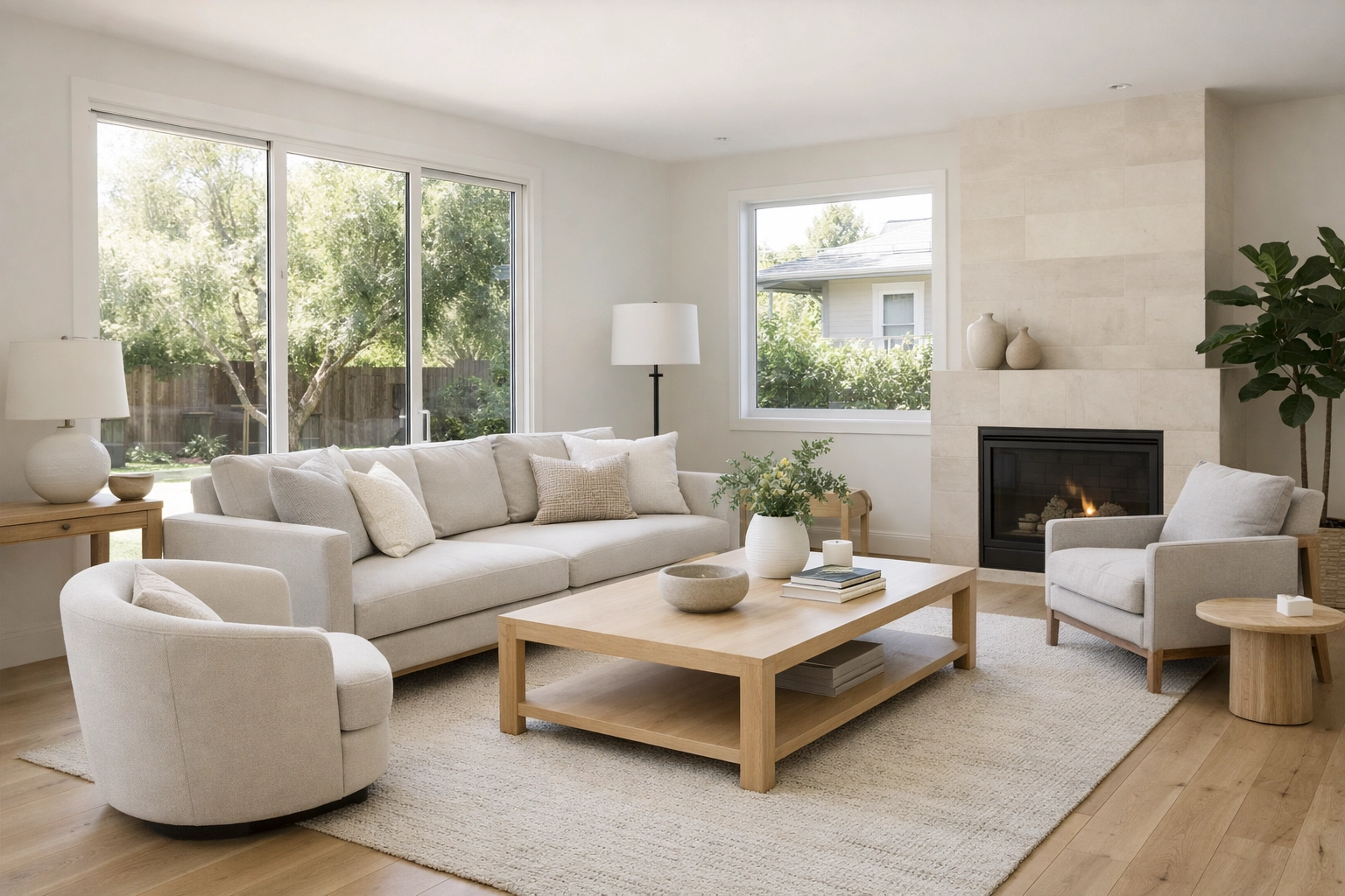 Staged South Bay Living Room Bright, modern staged living room with neutral furnishings, light hardwood floors, large windows, and soft natural daylight—clean, welcoming, and move-in ready for Silicon Valley buyers.