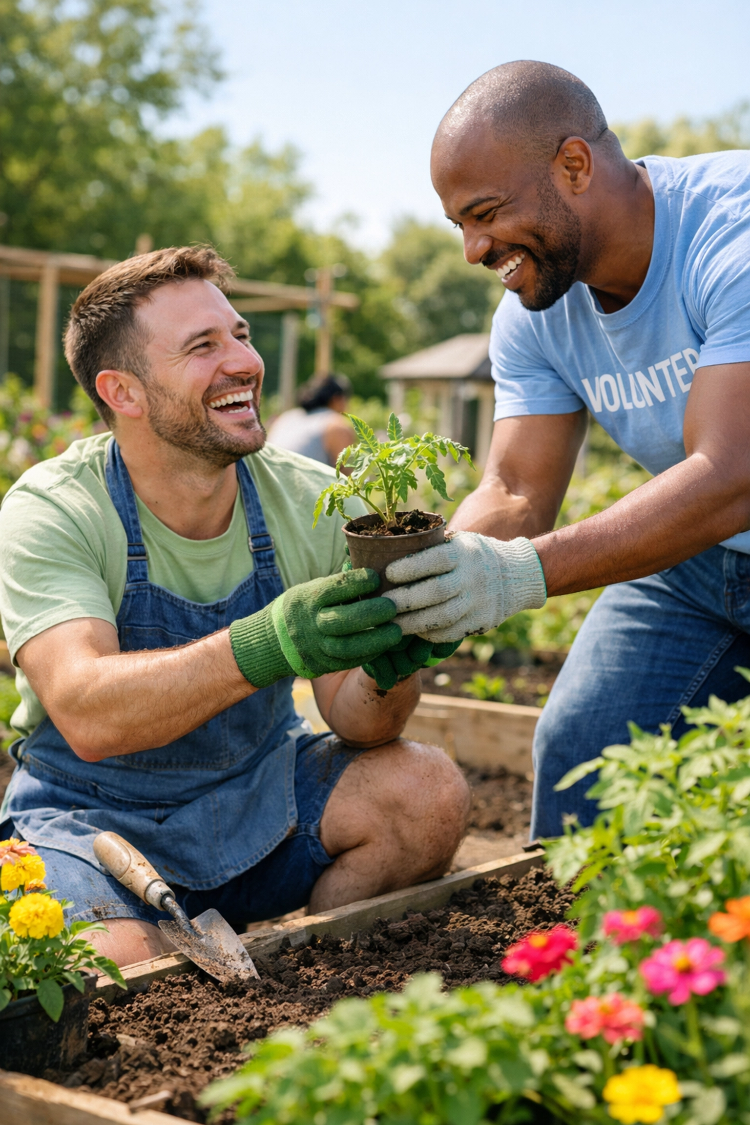 Gay men volunteering together in community garden building authentic connections