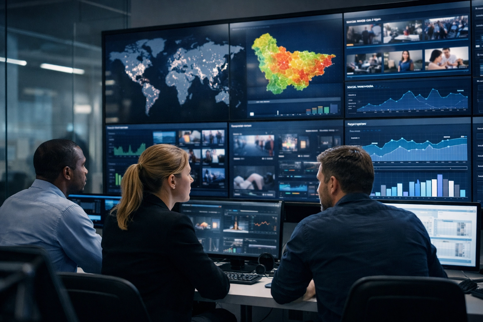 Strategists in a high-tech media command center analyzing data for Dakdan Worldwide’s global campaign delivery.