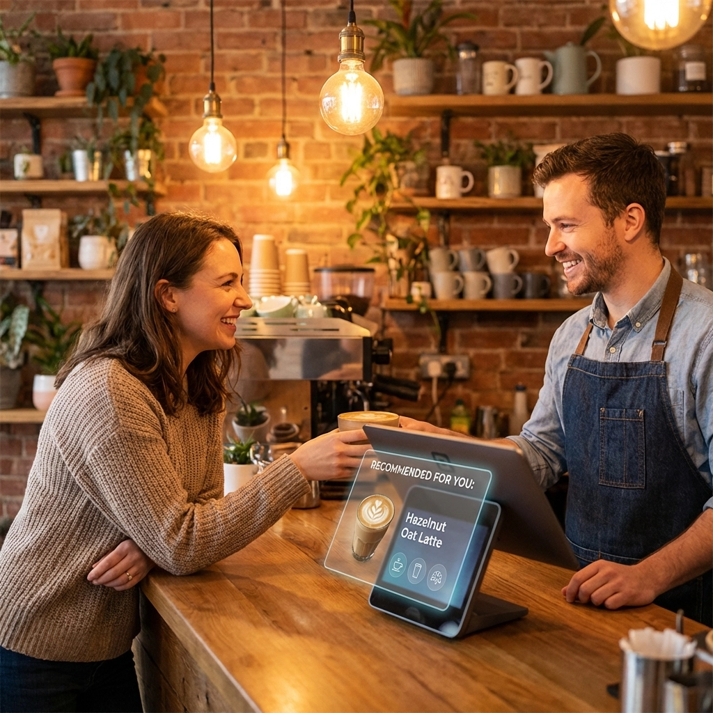 Barista delivers personalized service to a smiling customer at a boutique coffee shop, showcasing excellent customer experience.